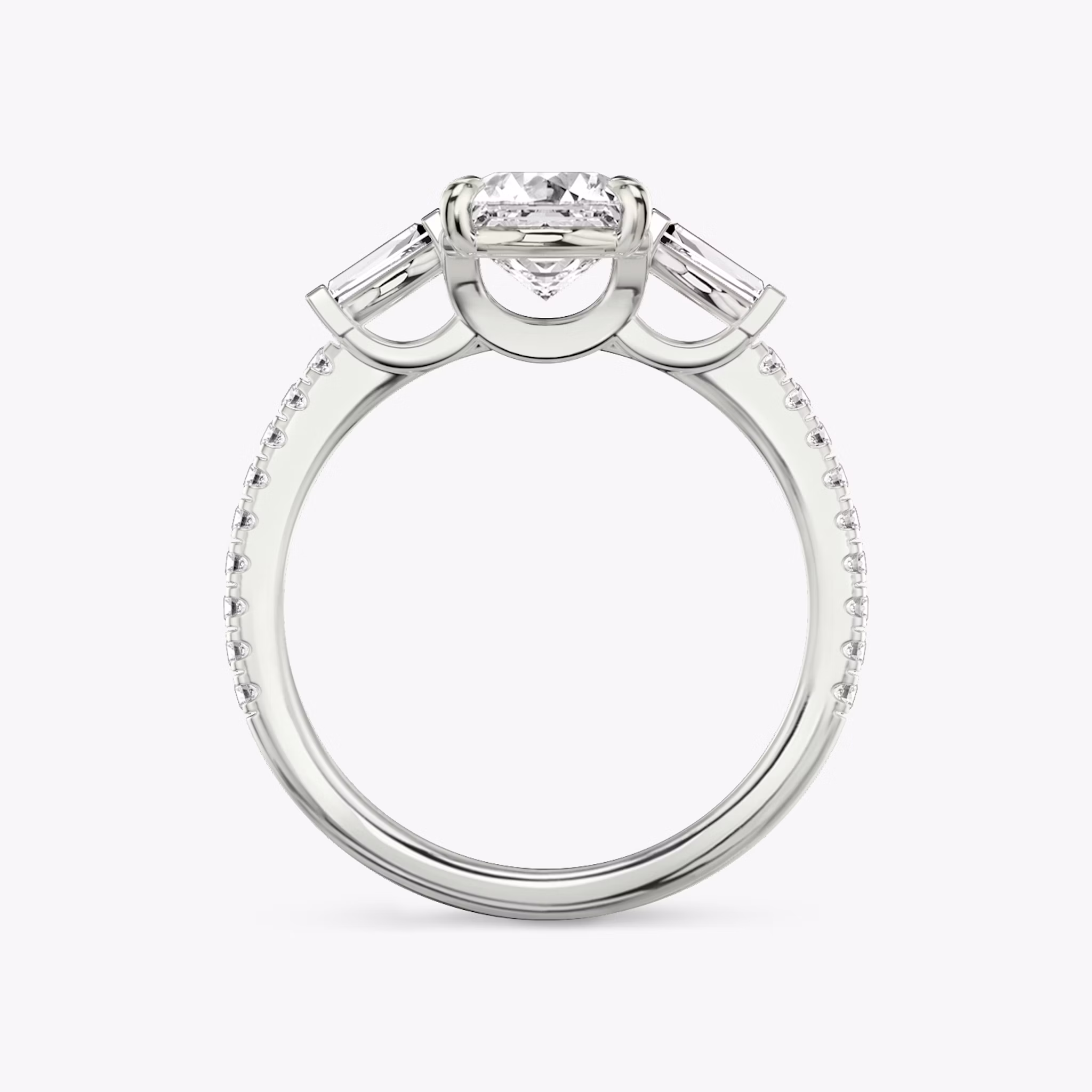 The Three Stone | Asscher | Platinum | bandAccent: Pavé | sideStoneCarat: 0.10ct | sideStoneShape: Tapered Baguette | diamondOrientation: vertical | caratWeight: other