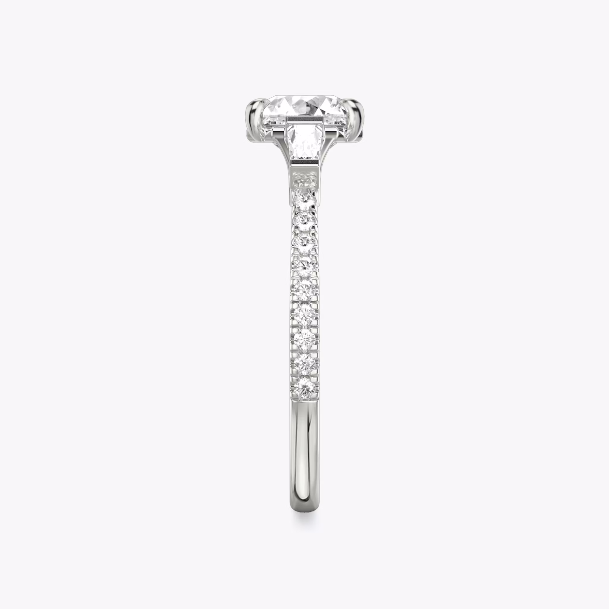 The Three Stone | Asscher | Platinum | bandAccent: Pavé | sideStoneCarat: 0.10ct | sideStoneShape: Tapered Baguette | diamondOrientation: vertical | caratWeight: other