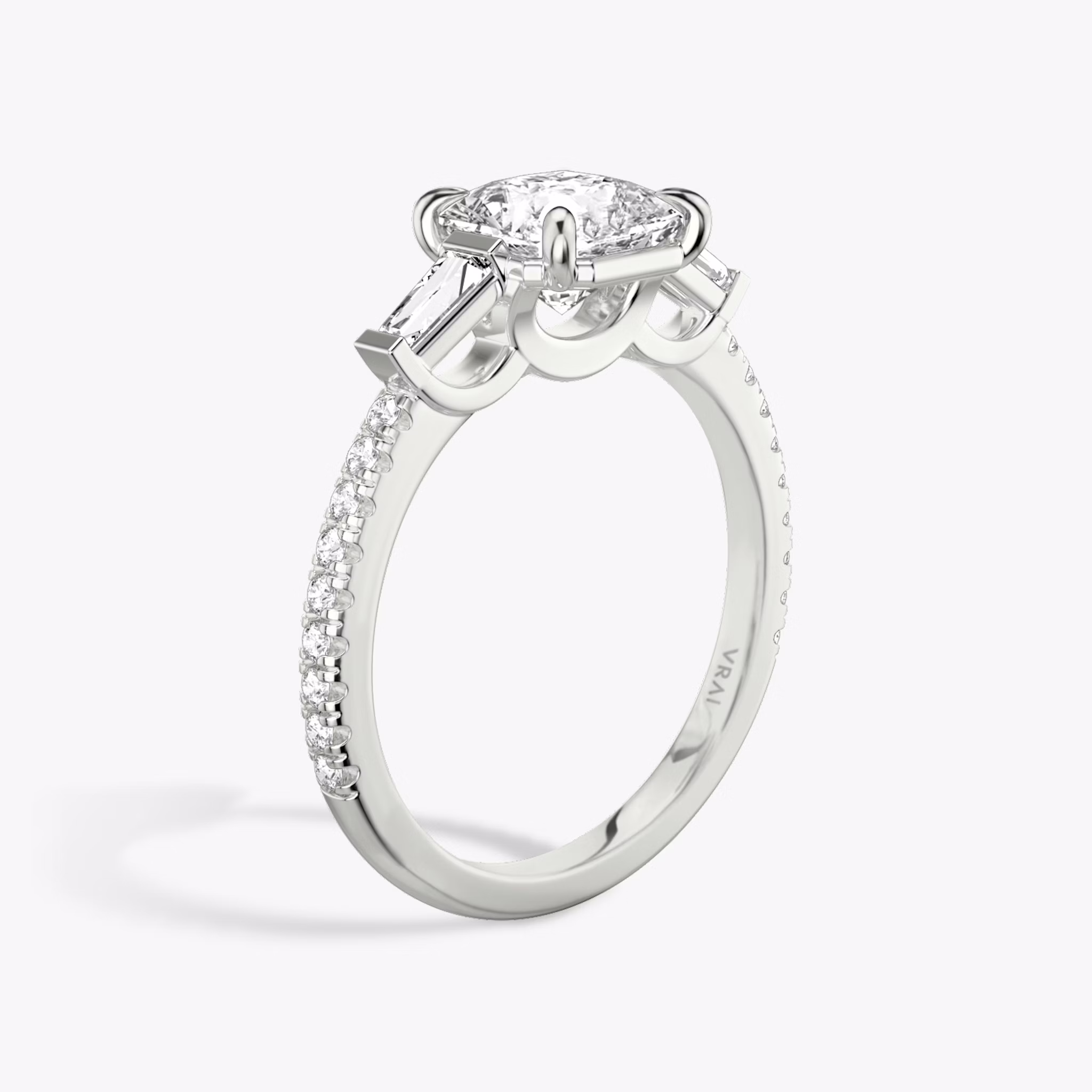 The Three Stone | Asscher | Platinum | bandAccent: Pavé | sideStoneCarat: 0.10ct | sideStoneShape: Tapered Baguette | diamondOrientation: vertical | caratWeight: other