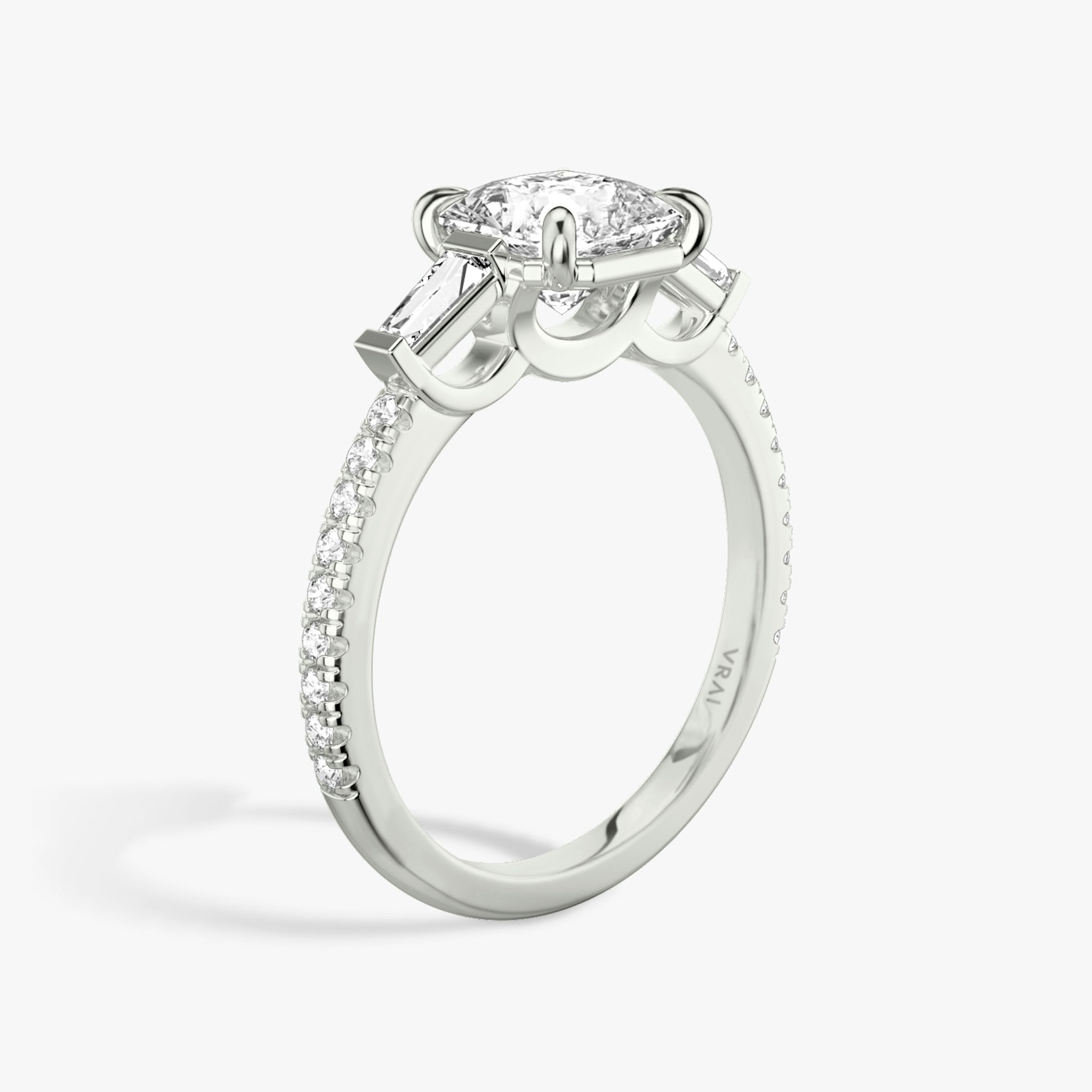The Three Stone | Asscher | Platinum | bandAccent: Pavé | sideStoneCarat: 0.10ct | sideStoneShape: Tapered Baguette | diamondOrientation: vertical | caratWeight: other