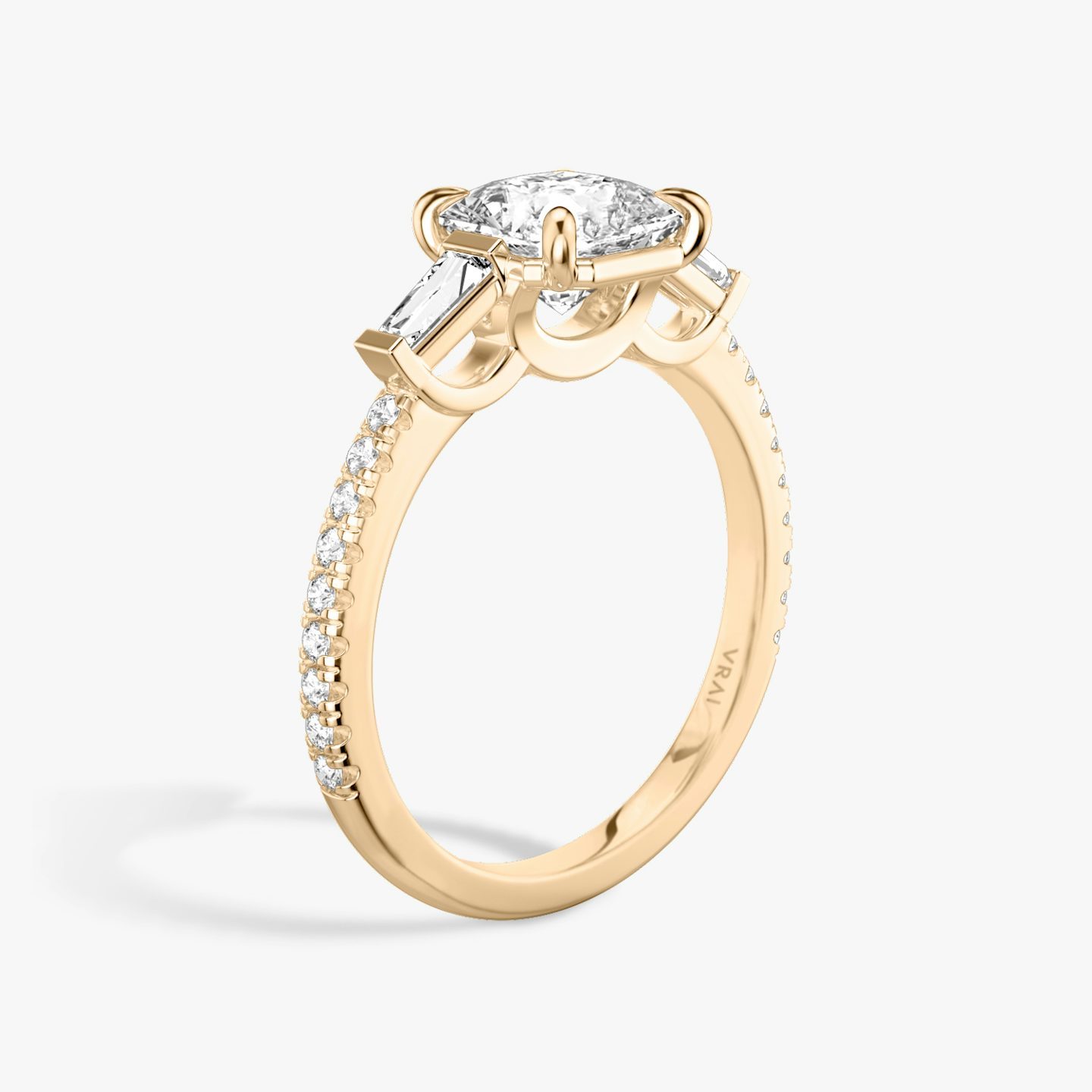 The Three Stone | Asscher | 14k | Rose Gold | bandAccent: Pavé | sideStoneCarat: 0.10ct | sideStoneShape: Tapered Baguette | diamondOrientation: vertical | caratWeight: other