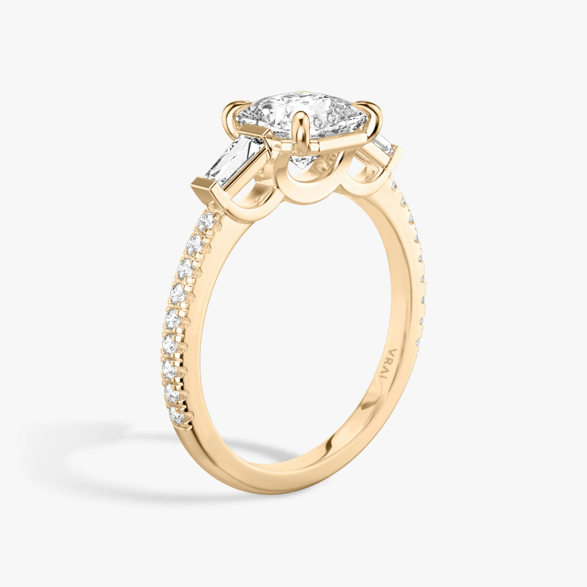 The Three Stone | Asscher | 14k | Rose Gold | bandAccent: Pavé | sideStoneCarat: 0.10ct | sideStoneShape: Tapered Baguette | diamondOrientation: vertical | caratWeight: other