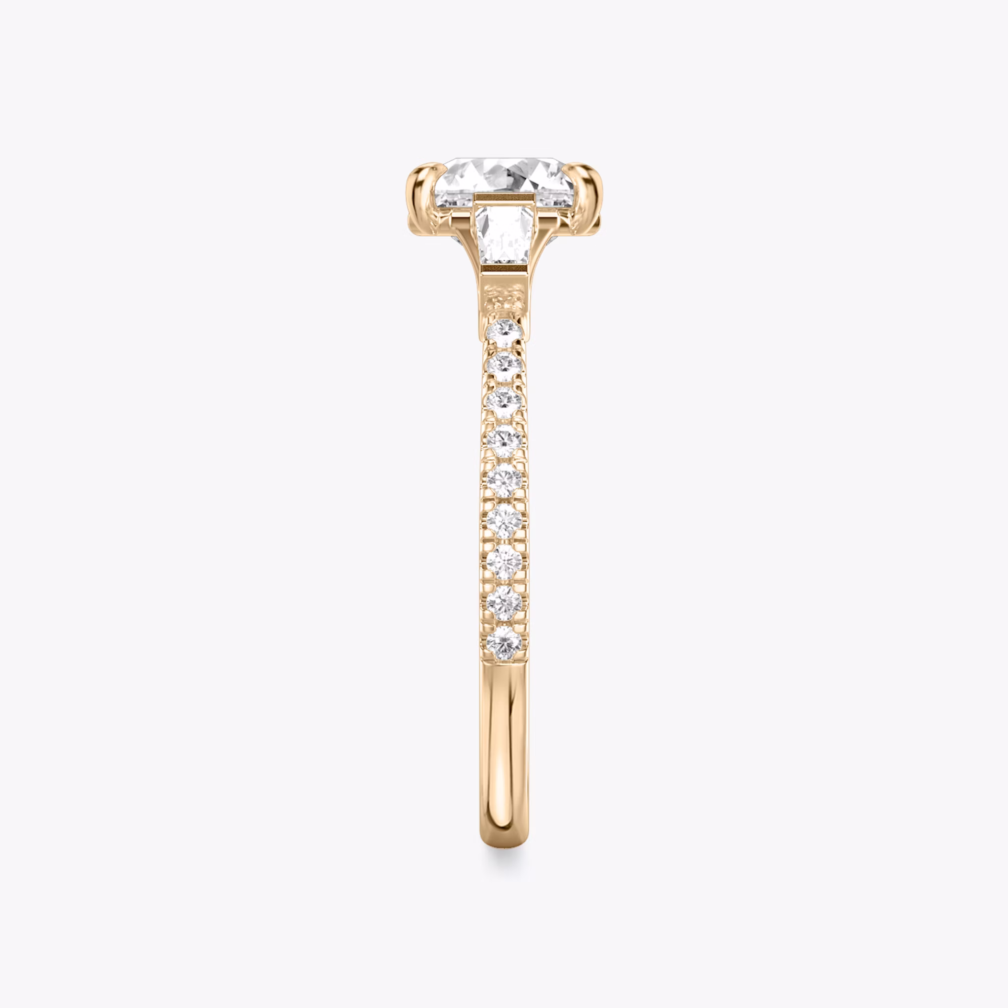 The Three Stone | Asscher | 14k | Rose Gold | bandAccent: Pavé | sideStoneCarat: 0.10ct | sideStoneShape: Tapered Baguette | diamondOrientation: vertical | caratWeight: other