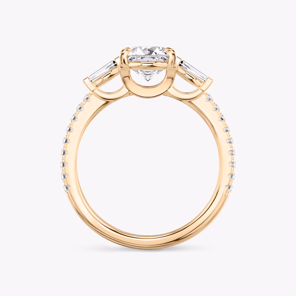 The Three Stone | Asscher | 14k | Rose Gold | bandAccent: Pavé | sideStoneCarat: 0.10ct | sideStoneShape: Tapered Baguette | diamondOrientation: vertical | caratWeight: other
