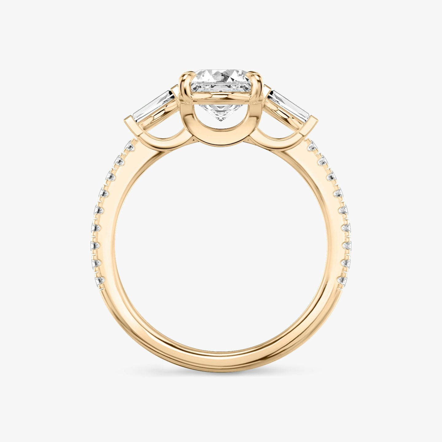 The Three Stone | Asscher | 14k | Rose Gold | bandAccent: Pavé | sideStoneCarat: 0.10ct | sideStoneShape: Tapered Baguette | diamondOrientation: vertical | caratWeight: other