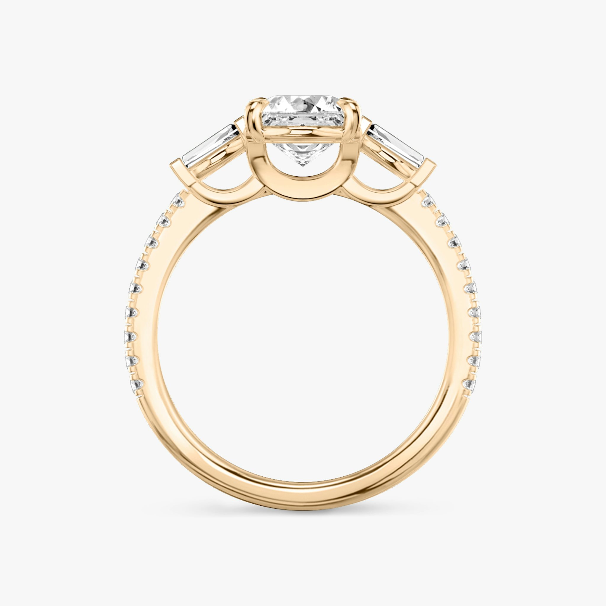 The Three Stone | Asscher | 14k | Rose Gold | bandAccent: Pavé | sideStoneCarat: 0.10ct | sideStoneShape: Tapered Baguette | diamondOrientation: vertical | caratWeight: other