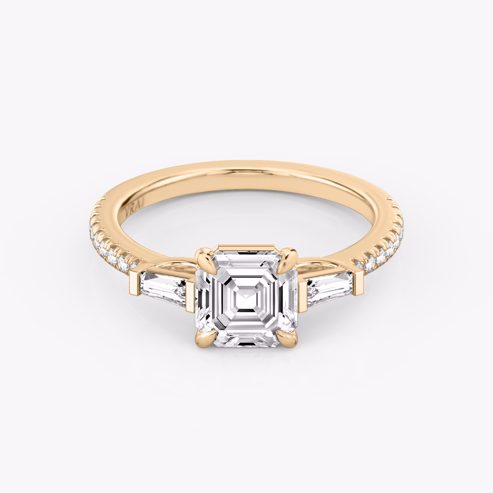 The Three Stone | Asscher | 14k | Rose Gold | bandAccent: Pavé | sideStoneCarat: 0.10ct | sideStoneShape: Tapered Baguette | diamondOrientation: vertical | caratWeight: other