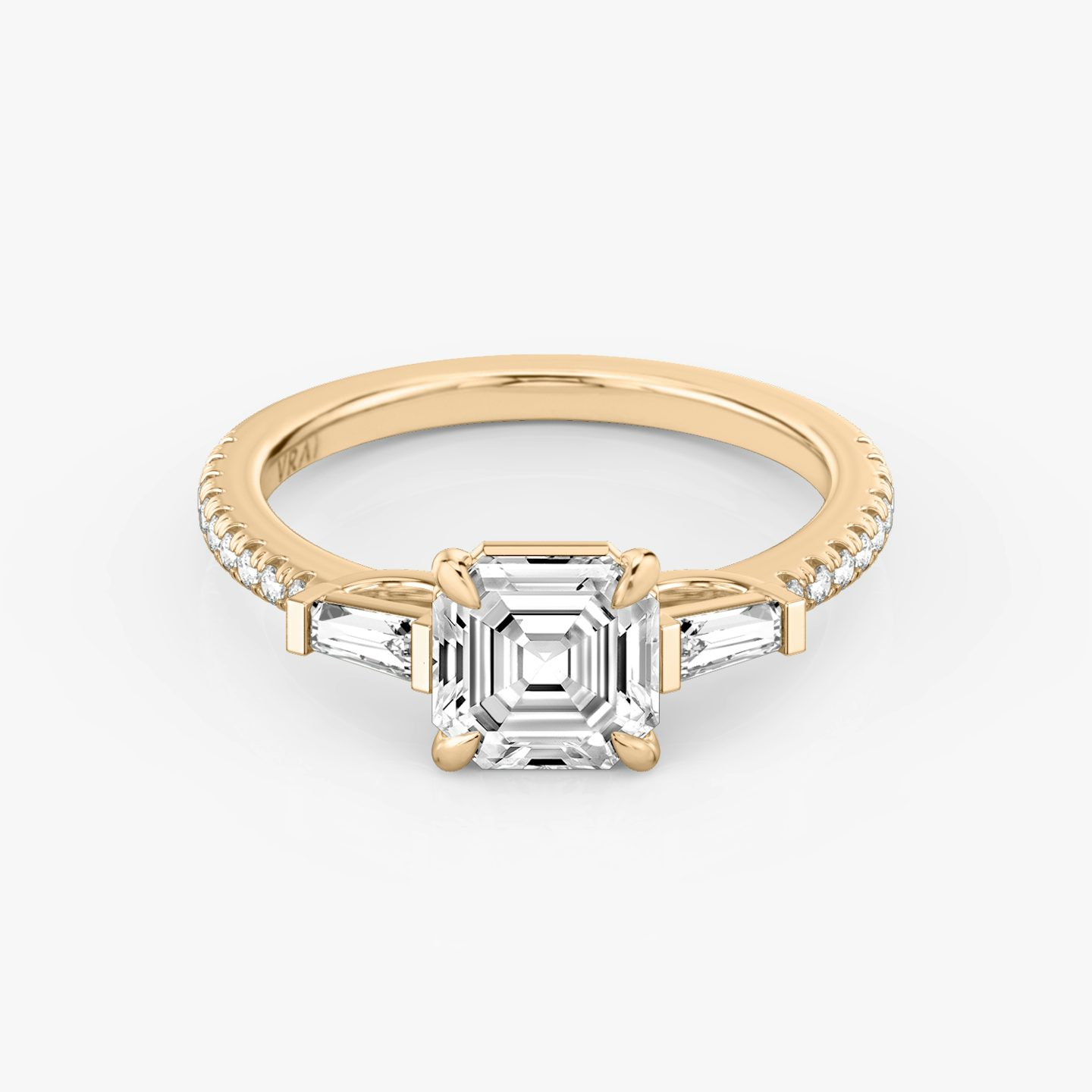 The Three Stone | Asscher | 14k | Rose Gold | bandAccent: Pavé | sideStoneCarat: 0.10ct | sideStoneShape: Tapered Baguette | diamondOrientation: vertical | caratWeight: other
