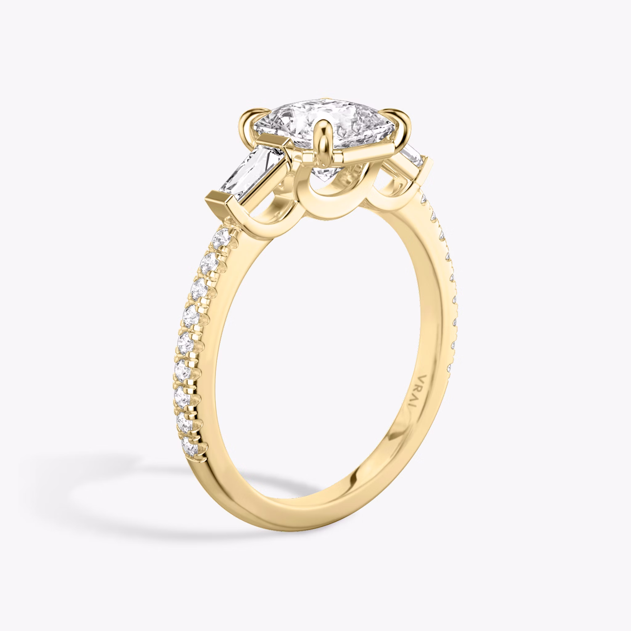 The Three Stone | Asscher | 18k | Yellow Gold | bandAccent: Pavé | sideStoneCarat: 0.10ct | sideStoneShape: Tapered Baguette | diamondOrientation: vertical | caratWeight: other