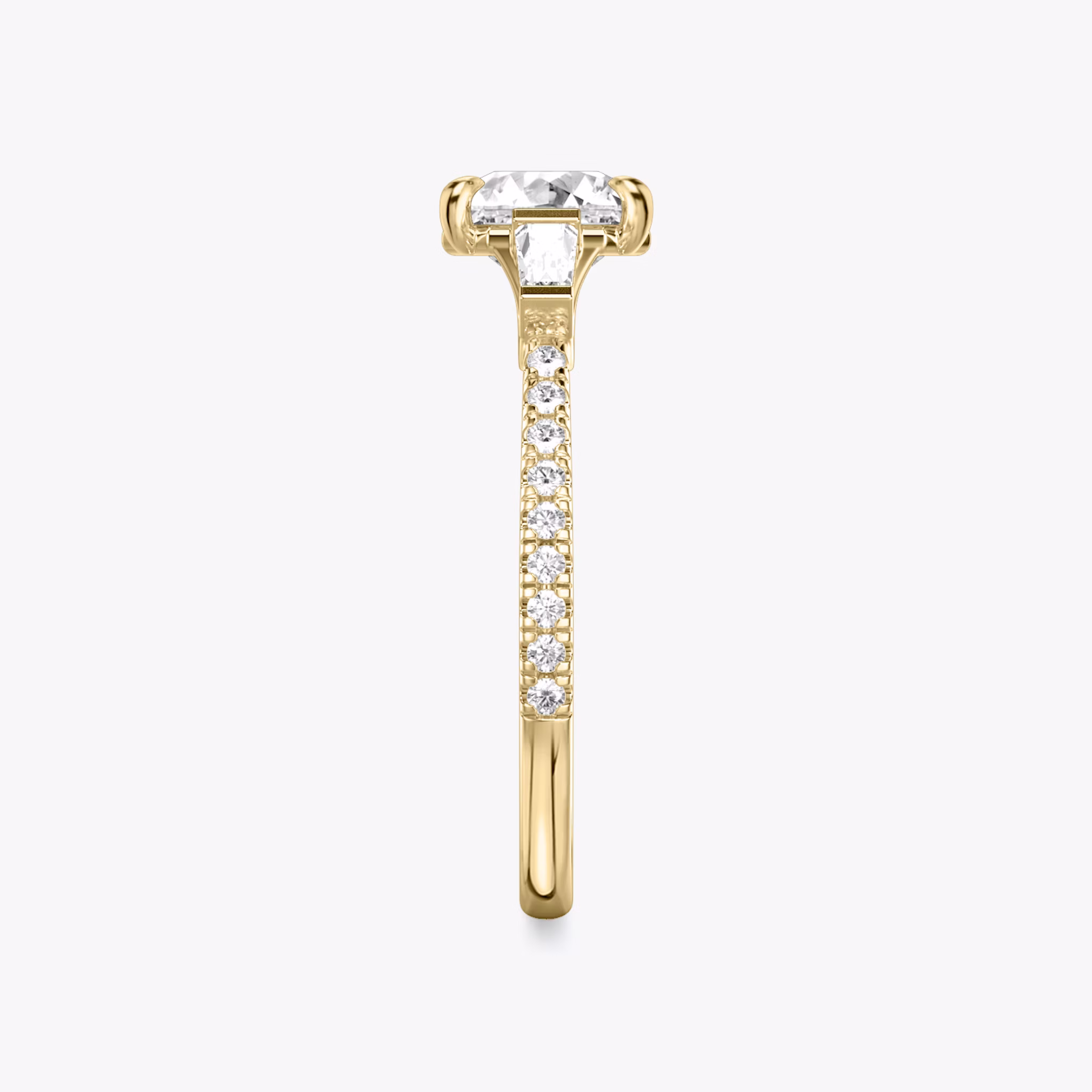 The Three Stone | Asscher | 18k | Yellow Gold | bandAccent: Pavé | sideStoneCarat: 0.10ct | sideStoneShape: Tapered Baguette | diamondOrientation: vertical | caratWeight: other