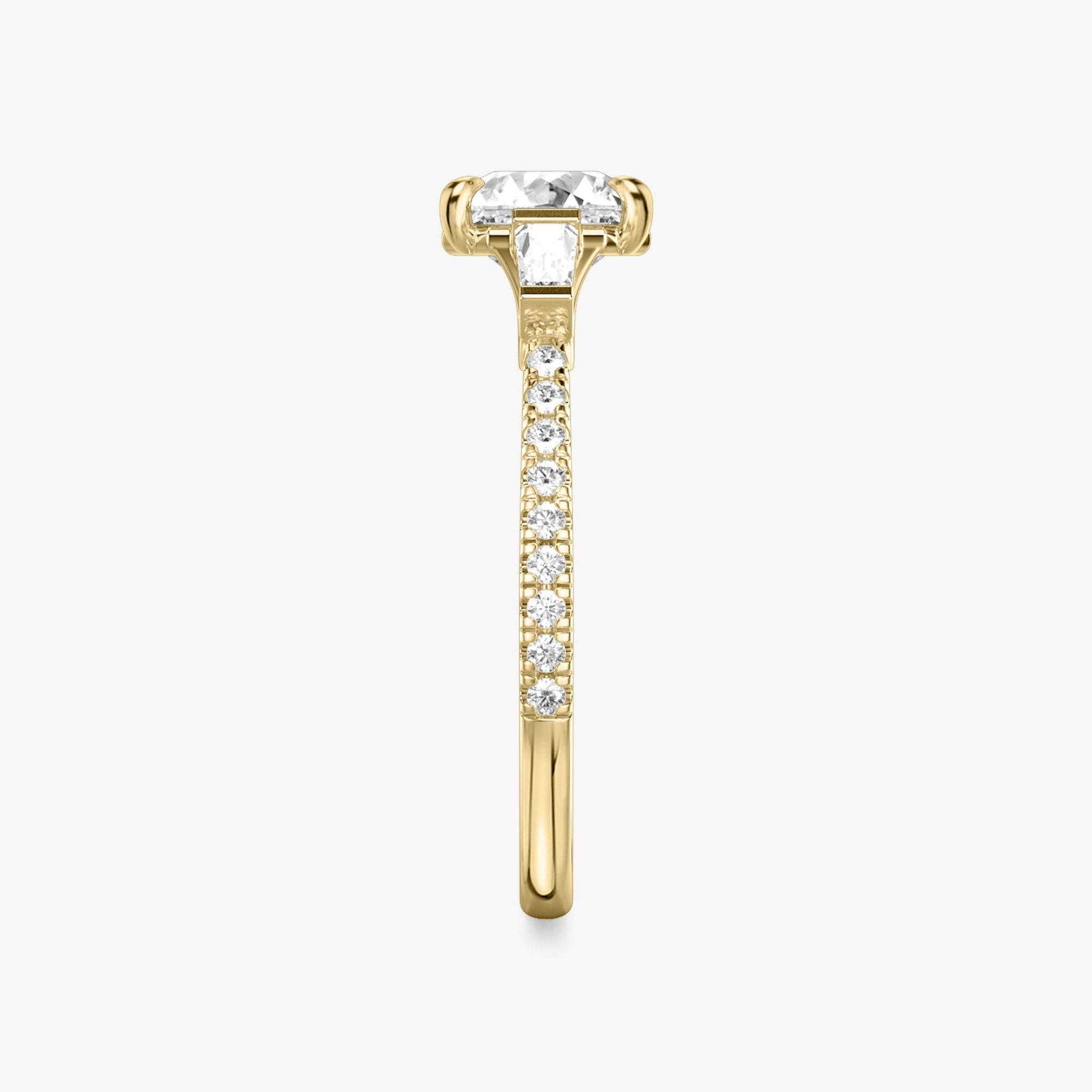 The Three Stone | Asscher | 18k | Yellow Gold | bandAccent: Pavé | sideStoneCarat: 0.10ct | sideStoneShape: Tapered Baguette | diamondOrientation: vertical | caratWeight: other
