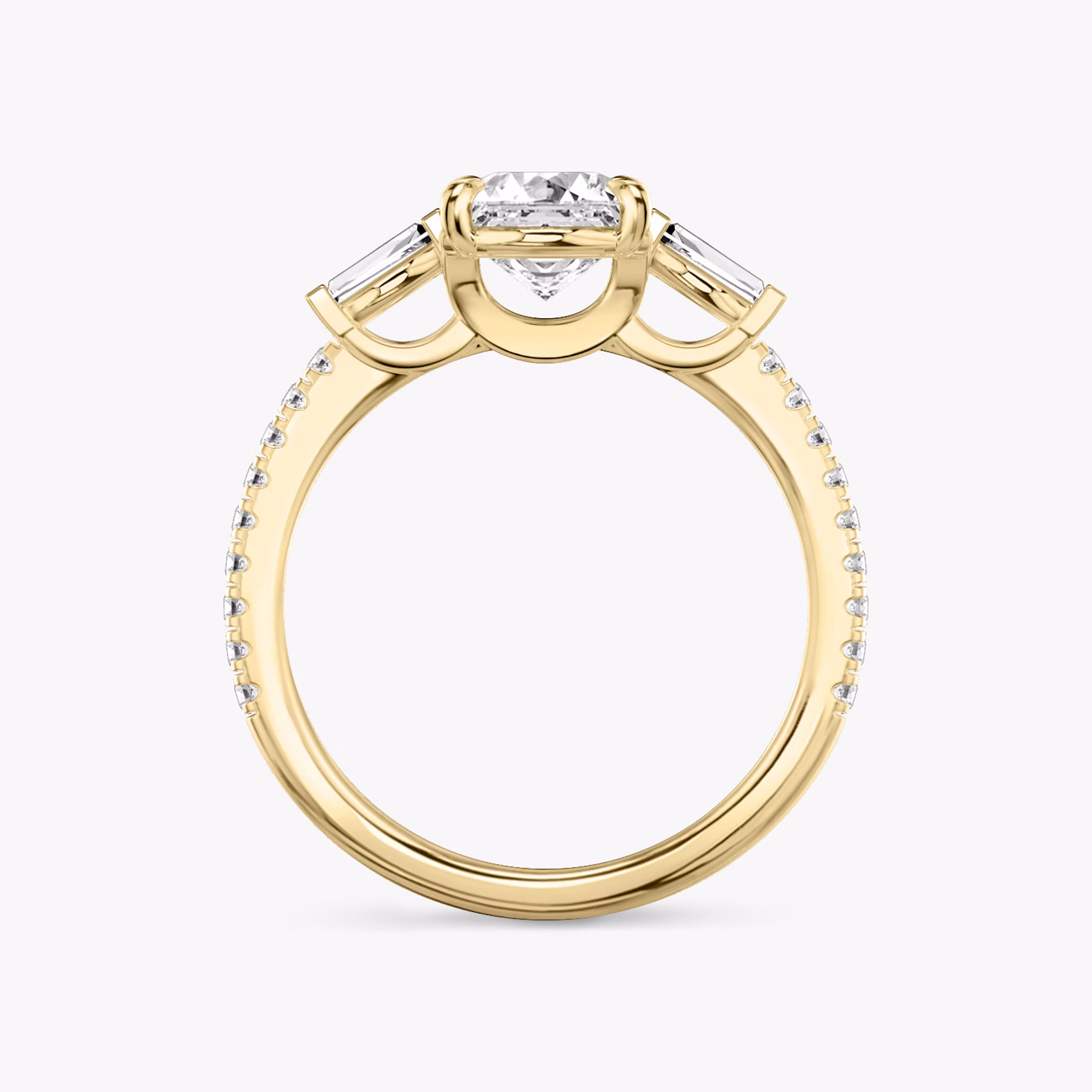 The Three Stone | Asscher | 18k | Yellow Gold | bandAccent: Pavé | sideStoneCarat: 0.10ct | sideStoneShape: Tapered Baguette | diamondOrientation: vertical | caratWeight: other
