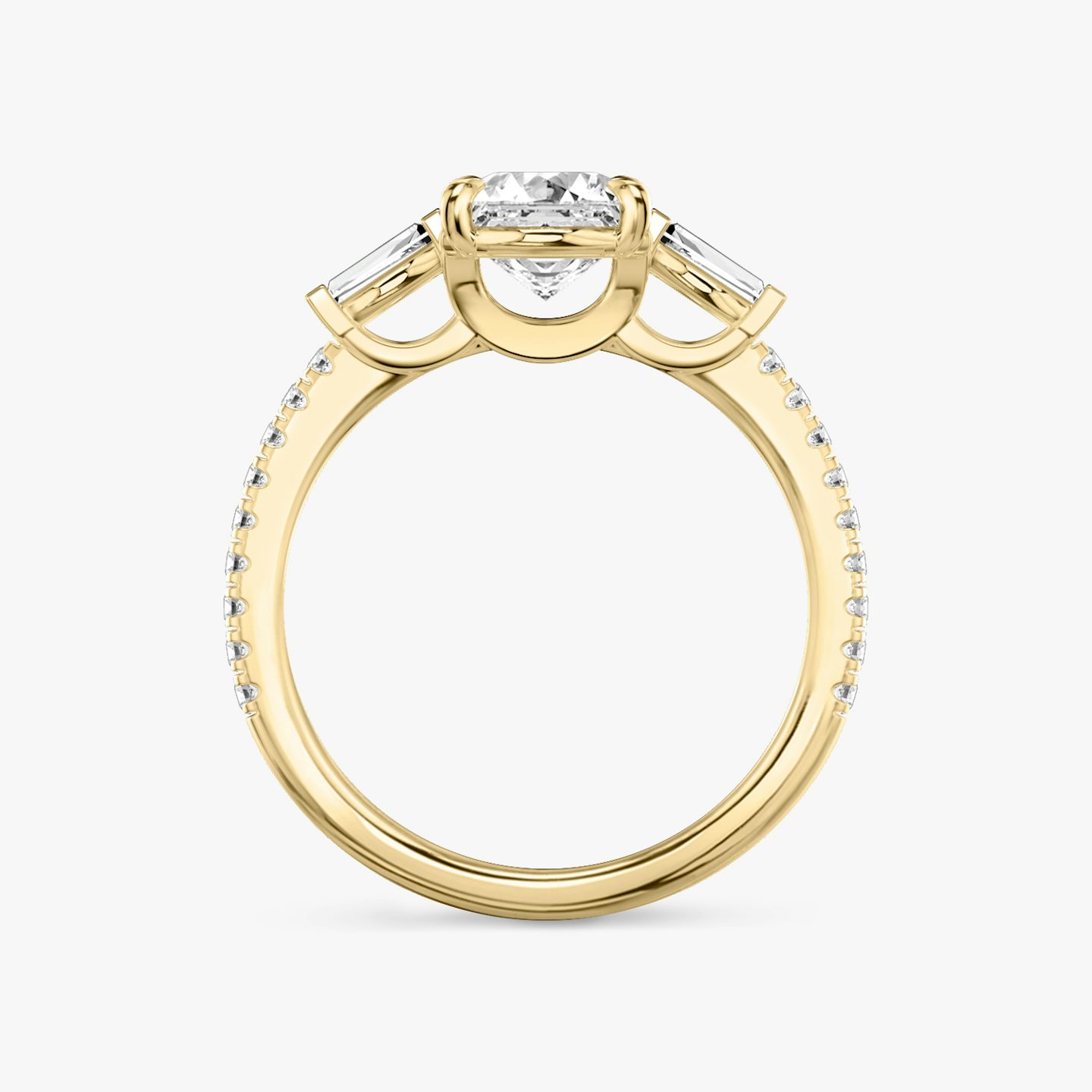 Three Stone | Asscher | 18k | Gelbgold | bandAccent: Mit Pavé-Besatz | sideStoneCarat: 0.10ct | sideStoneShape: Konisches Baguette | diamondOrientation: vertical | caratWeight: other