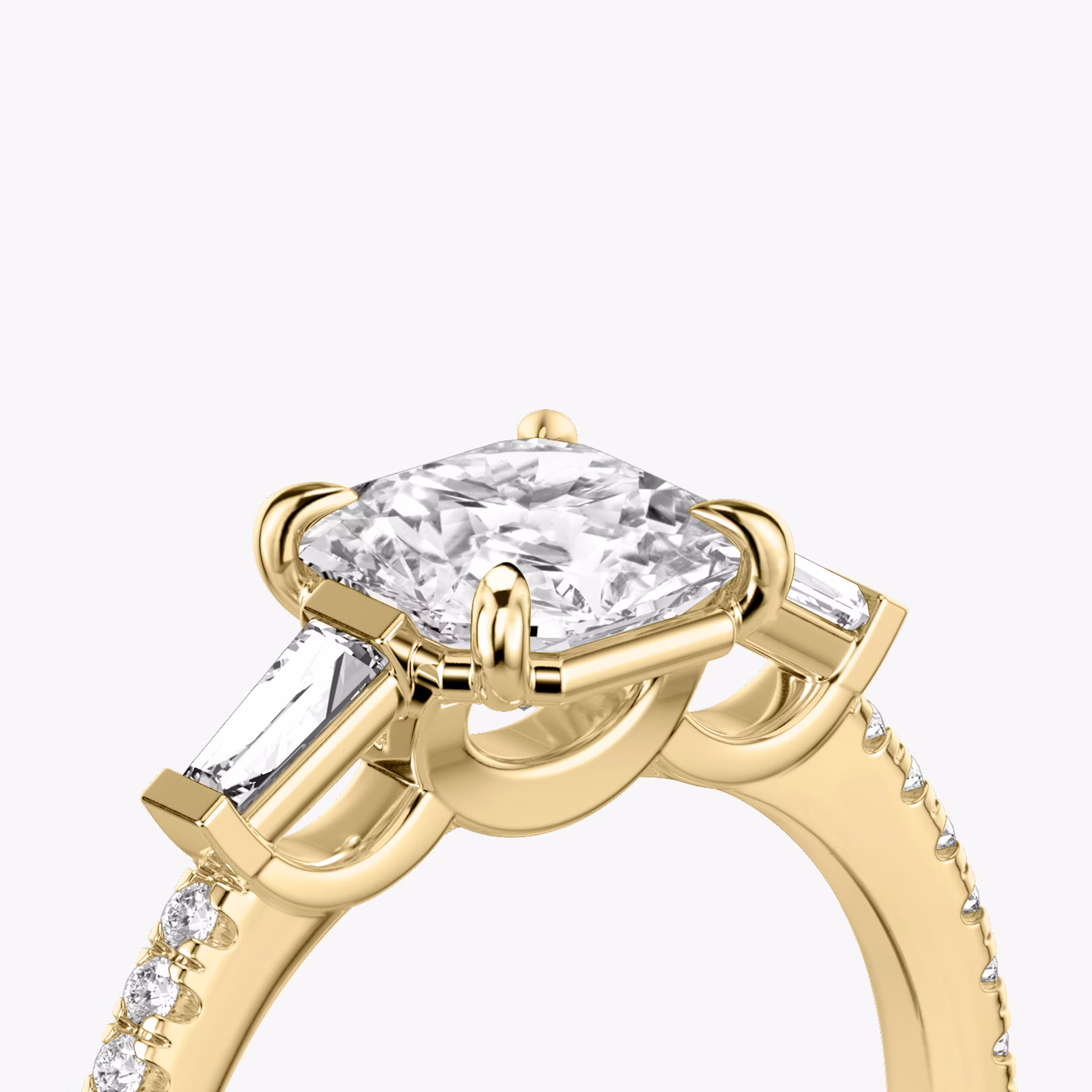 The Three Stone | Asscher | 18k | Yellow Gold | bandAccent: Pavé | sideStoneCarat: 0.10ct | sideStoneShape: Tapered Baguette | diamondOrientation: vertical | caratWeight: other