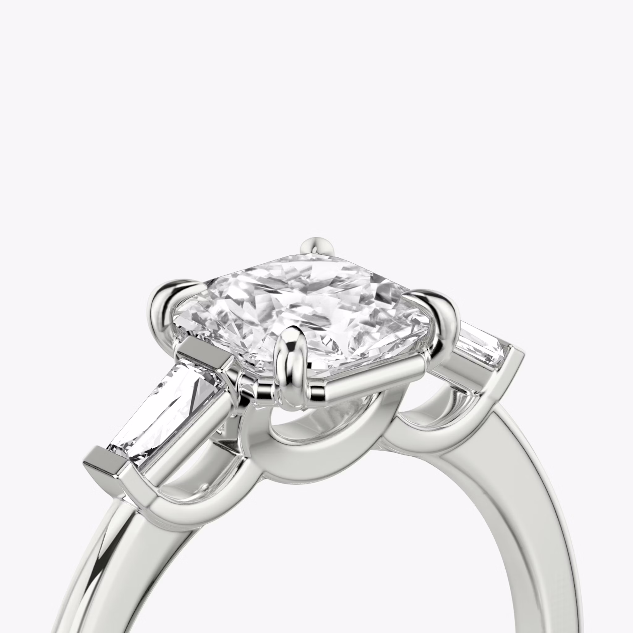 The Three Stone | Asscher | Platinum | bandAccent: Plain | sideStoneCarat: 0.10ct | sideStoneShape: Tapered Baguette | diamondOrientation: vertical | caratWeight: other