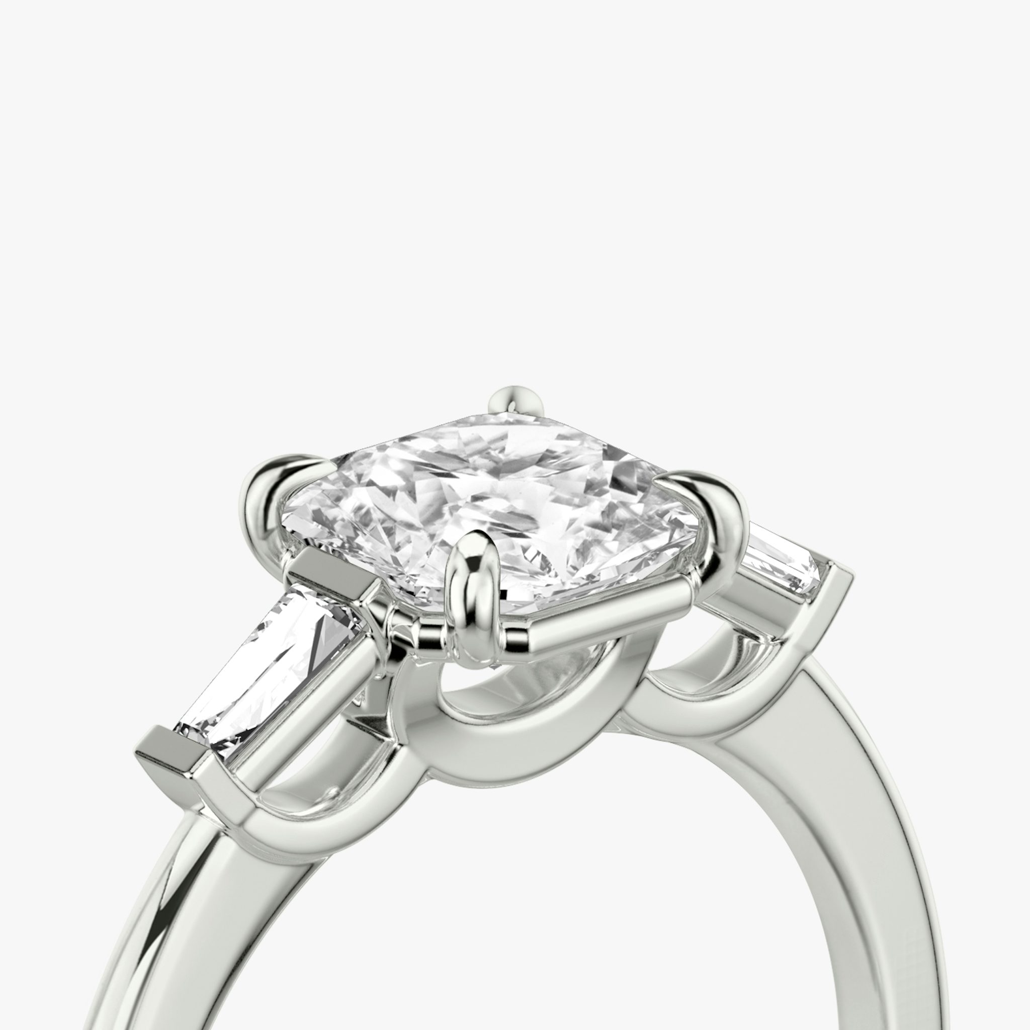The Three Stone | Asscher | Platinum | bandAccent: Plain | sideStoneCarat: 0.10ct | sideStoneShape: Tapered Baguette | diamondOrientation: vertical | caratWeight: other