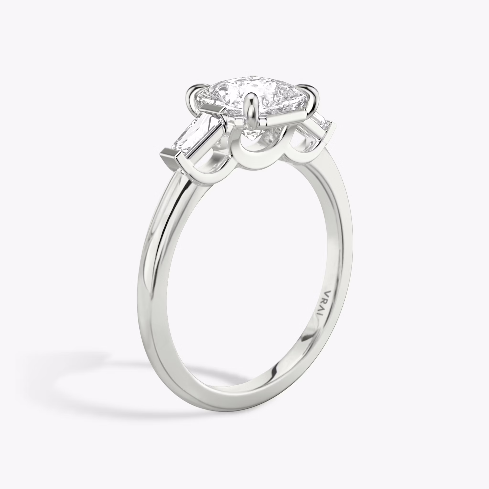 The Three Stone | Asscher | Platinum | bandAccent: Plain | sideStoneCarat: 0.10ct | sideStoneShape: Tapered Baguette | diamondOrientation: vertical | caratWeight: other
