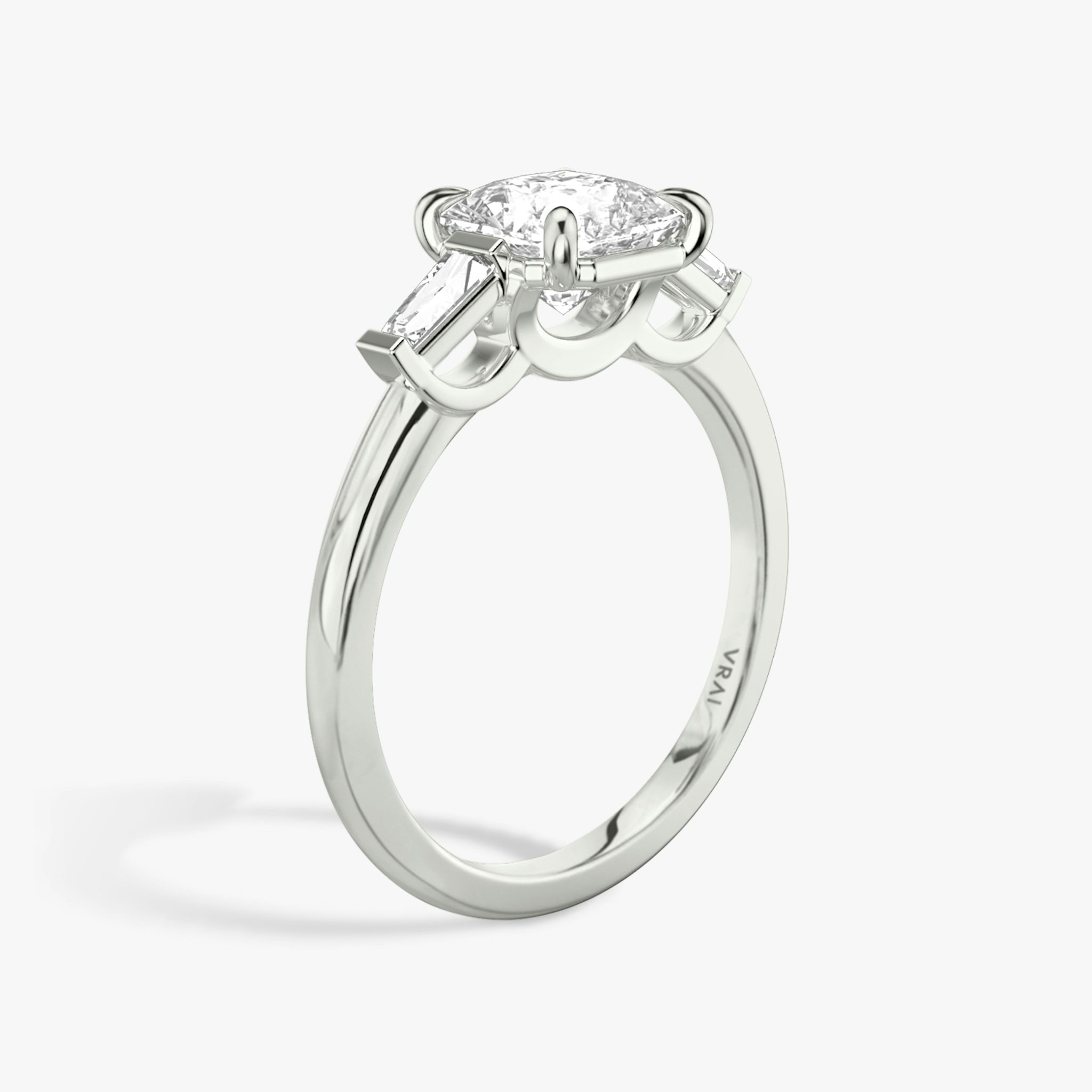 The Three Stone | Asscher | Platinum | bandAccent: Plain | sideStoneCarat: 0.10ct | sideStoneShape: Tapered Baguette | diamondOrientation: vertical | caratWeight: other