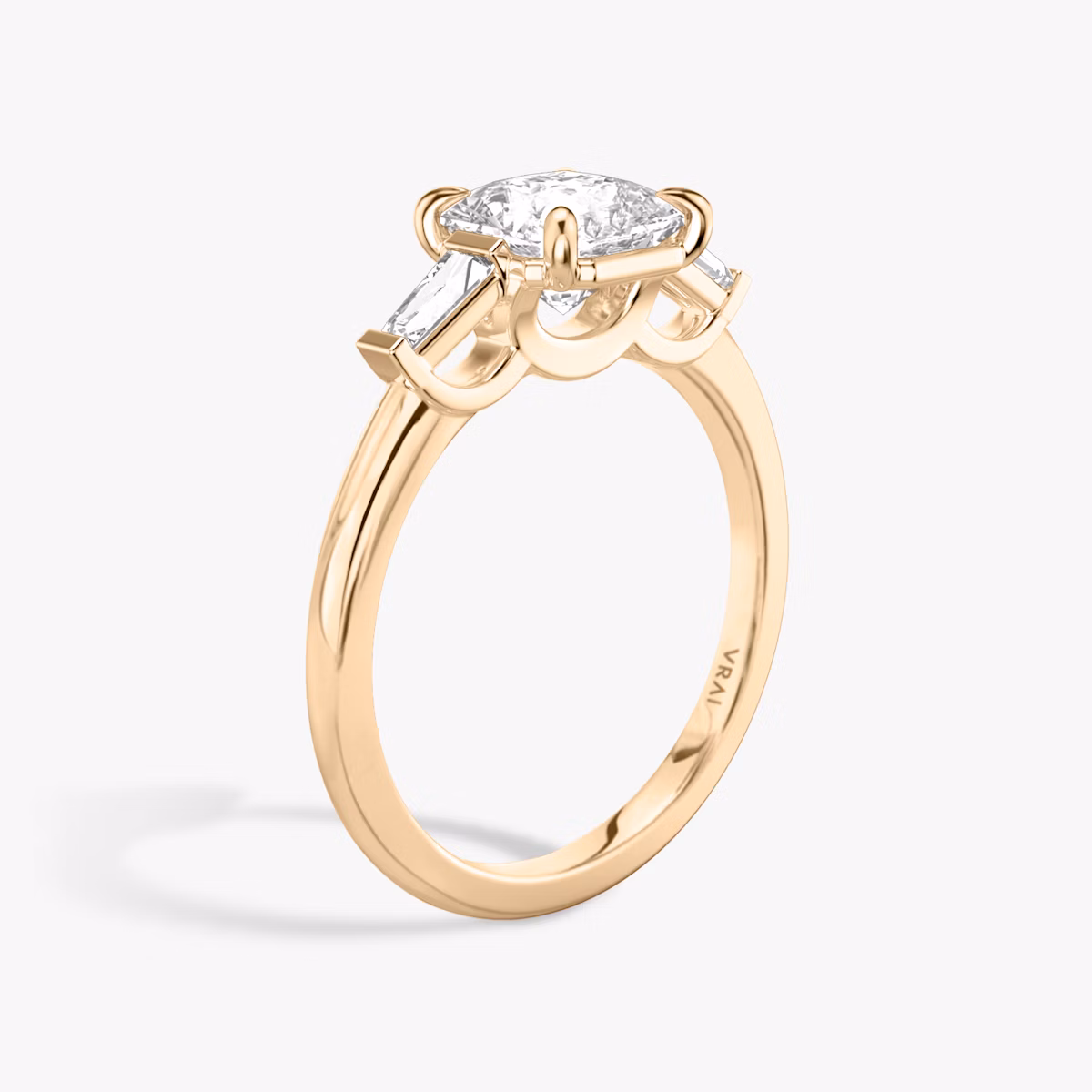 The Three Stone | Asscher | 14k | Rose Gold | bandAccent: Plain | sideStoneCarat: 0.10ct | sideStoneShape: Tapered Baguette | diamondOrientation: vertical | caratWeight: other