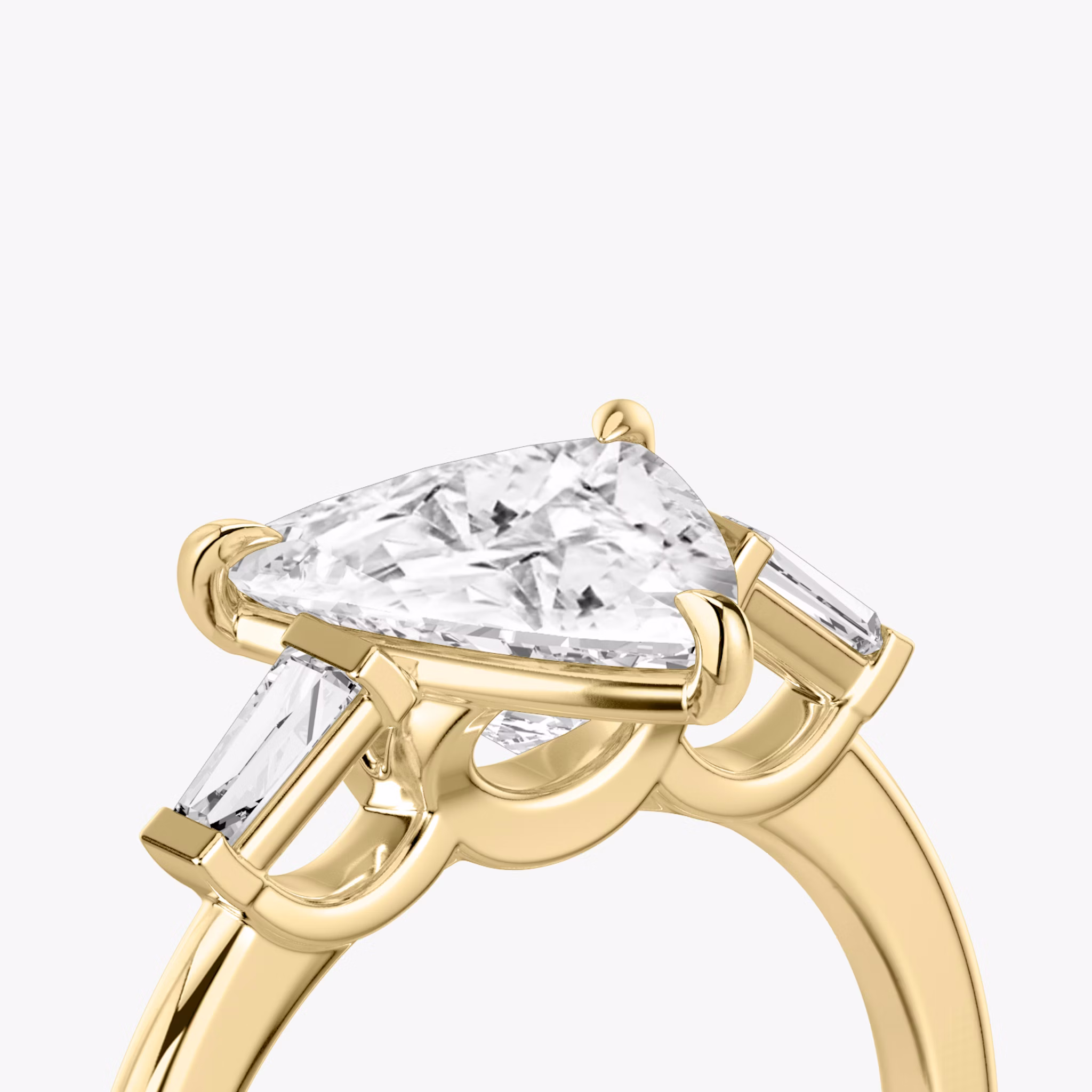 The Three Stone | Trillion | 18k | Yellow Gold | bandAccent: Plain | sideStoneCarat: 0.10ct | sideStoneShape: Tapered Baguette | diamondOrientation: vertical | caratWeight: other