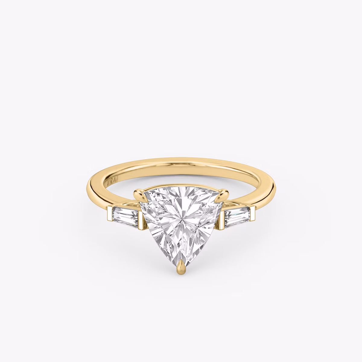 The Three Stone | Trillion | 18k | Yellow Gold | bandAccent: Plain | sideStoneCarat: 0.10ct | sideStoneShape: Tapered Baguette | diamondOrientation: vertical | caratWeight: other