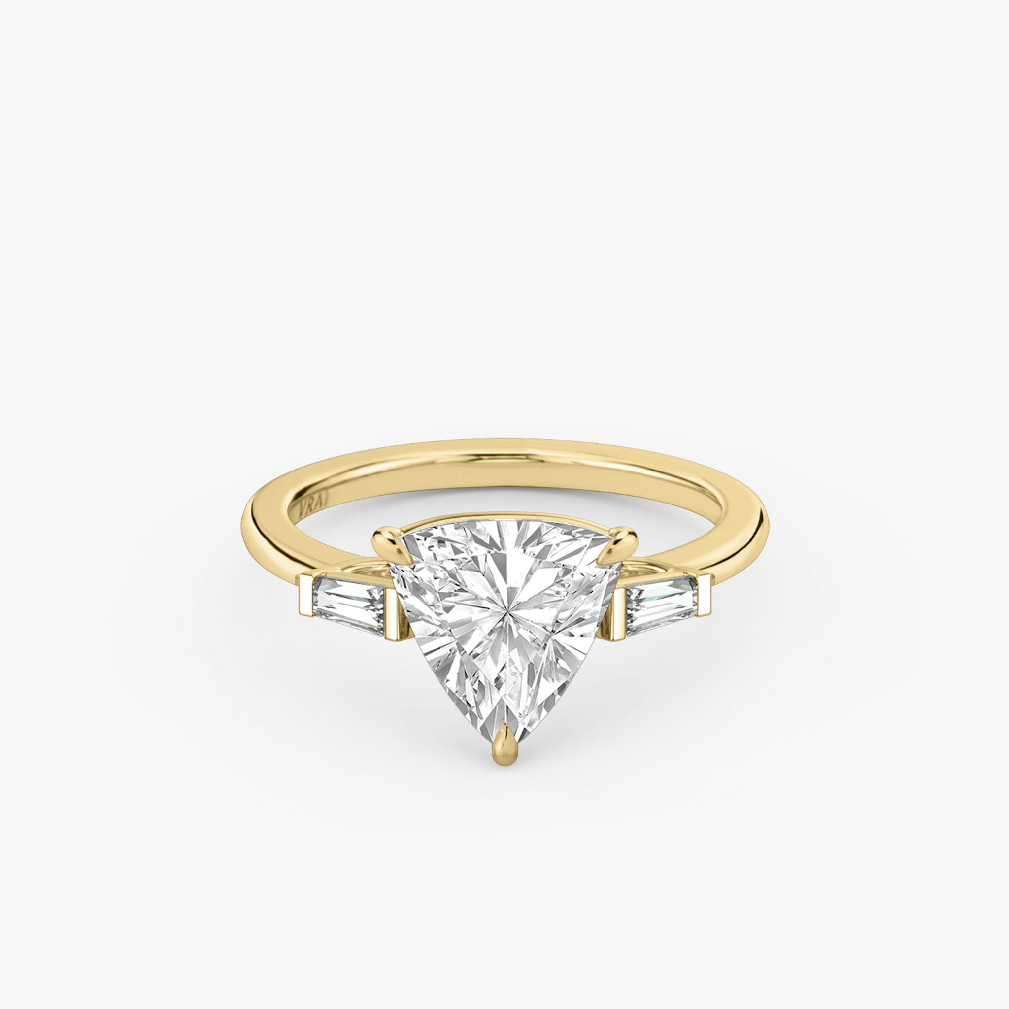The Three Stone | Trillion | 18k | Yellow Gold | bandAccent: Plain | sideStoneCarat: 0.10ct | sideStoneShape: Tapered Baguette | diamondOrientation: vertical | caratWeight: other