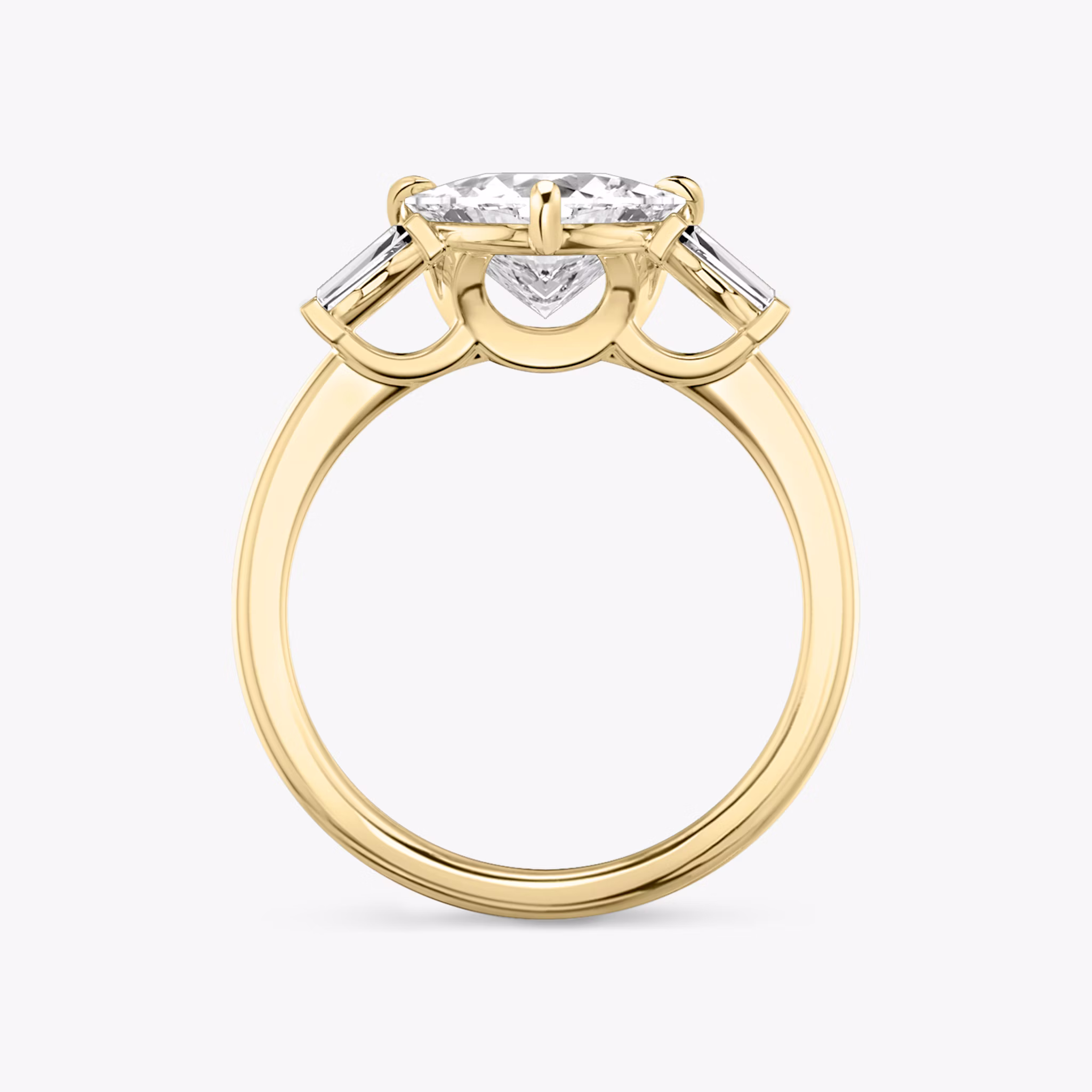 The Three Stone | Trillion | 18k | Yellow Gold | bandAccent: Plain | sideStoneCarat: 0.10ct | sideStoneShape: Tapered Baguette | diamondOrientation: vertical | caratWeight: other