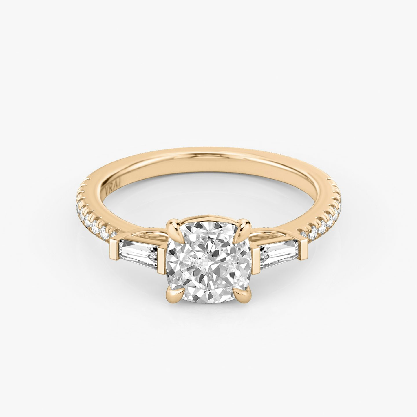 The Three Stone | Cushion | 14k | Rose Gold | bandAccent: Pavé | sideStoneCarat: 0.10ct | sideStoneShape: Tapered Baguette | diamondOrientation: vertical | caratWeight: other