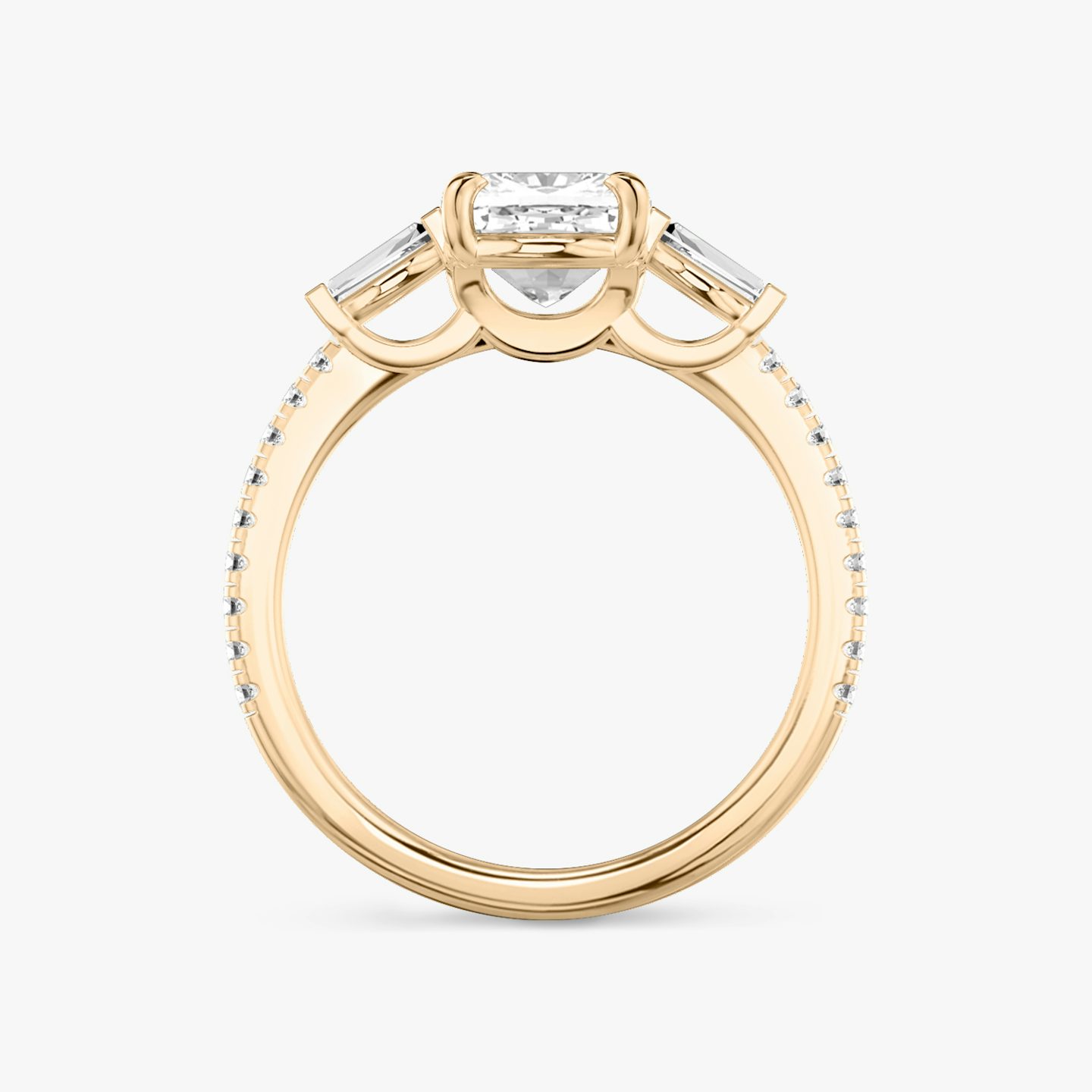 The Three Stone | Cushion | 14k | Rose Gold | bandAccent: Pavé | sideStoneCarat: 0.10ct | sideStoneShape: Tapered Baguette | diamondOrientation: vertical | caratWeight: other