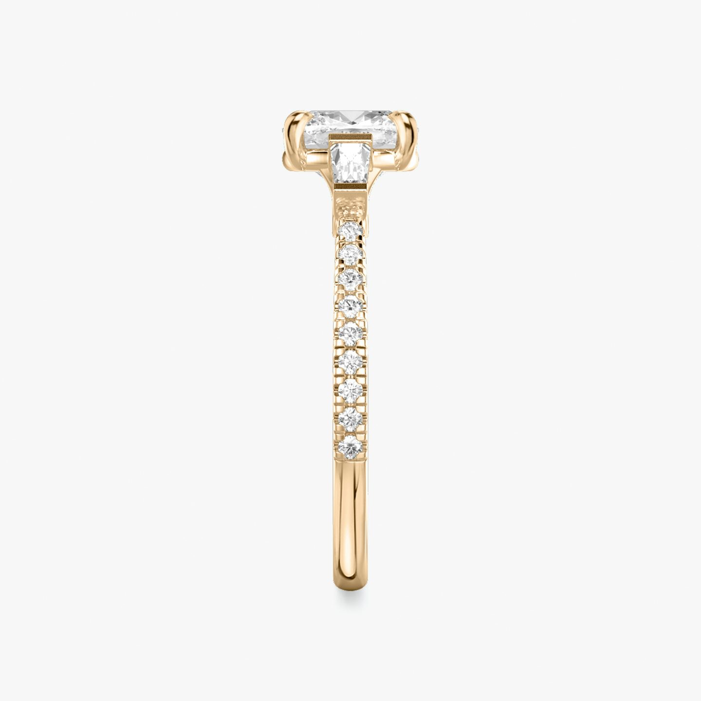 The Three Stone | Cushion | 14k | Rose Gold | bandAccent: Pavé | sideStoneCarat: 0.10ct | sideStoneShape: Tapered Baguette | diamondOrientation: vertical | caratWeight: other
