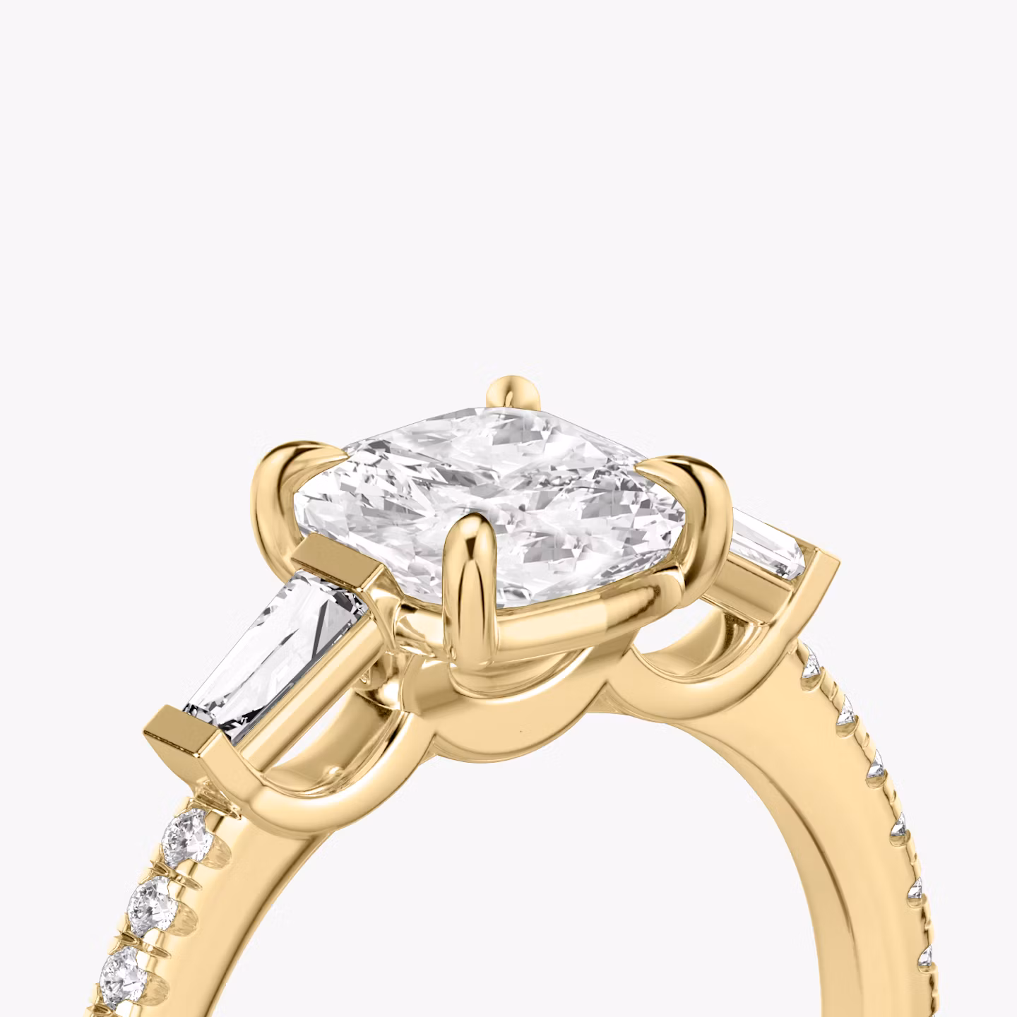 The Three Stone | Cushion | 18k | Yellow Gold | bandAccent: Pavé | sideStoneCarat: 0.10ct | sideStoneShape: Tapered Baguette | diamondOrientation: vertical | caratWeight: other