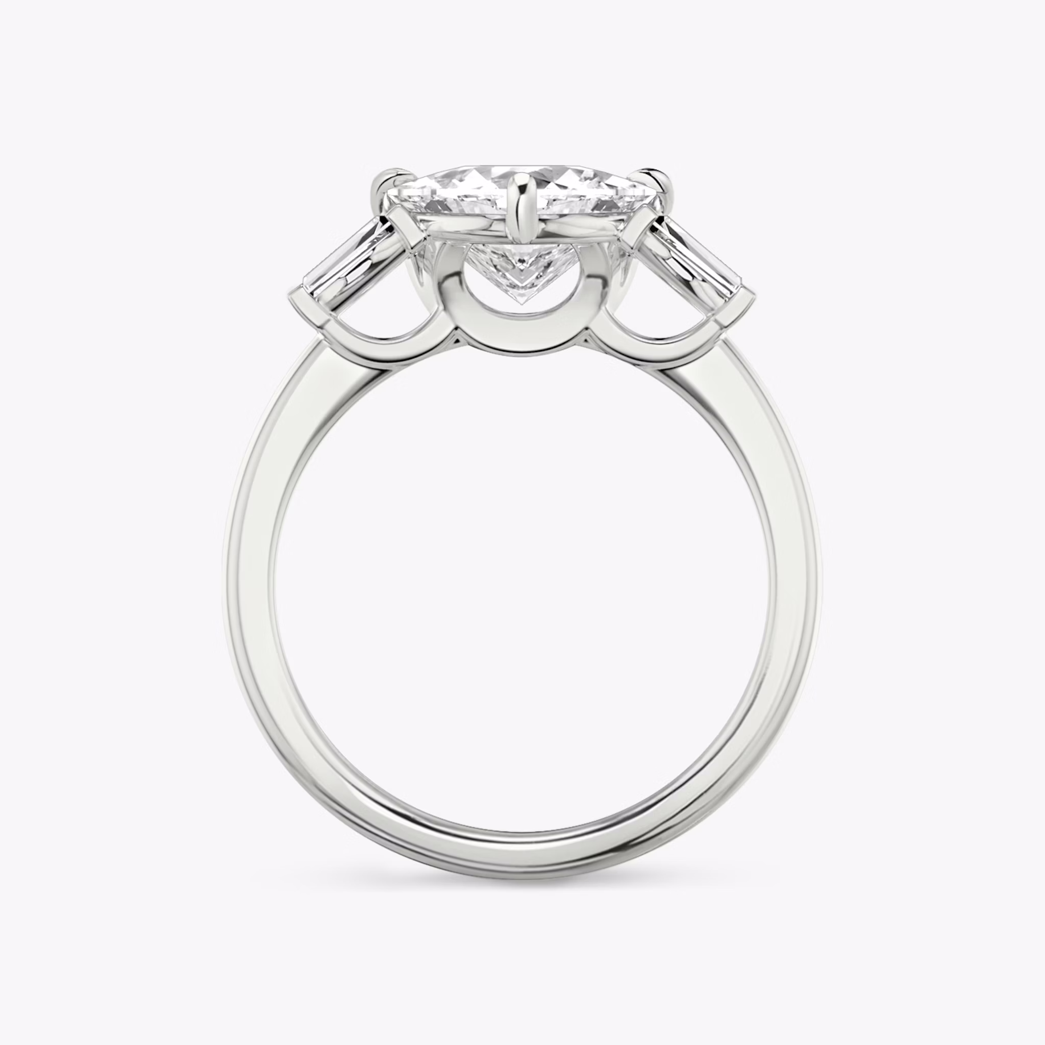 The Three Stone | Trillion | 18k | White Gold | bandAccent: Plain | sideStoneCarat: 0.10ct | sideStoneShape: Tapered Baguette | diamondOrientation: vertical | caratWeight: other