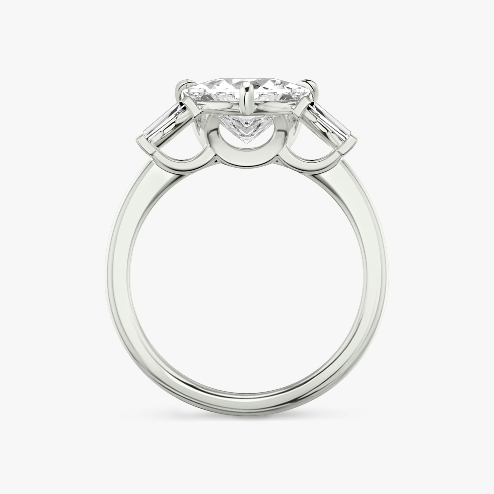 The Three Stone | Trillion | 18k | White Gold | bandAccent: Plain | sideStoneCarat: 0.10ct | sideStoneShape: Tapered Baguette | diamondOrientation: vertical | caratWeight: other
