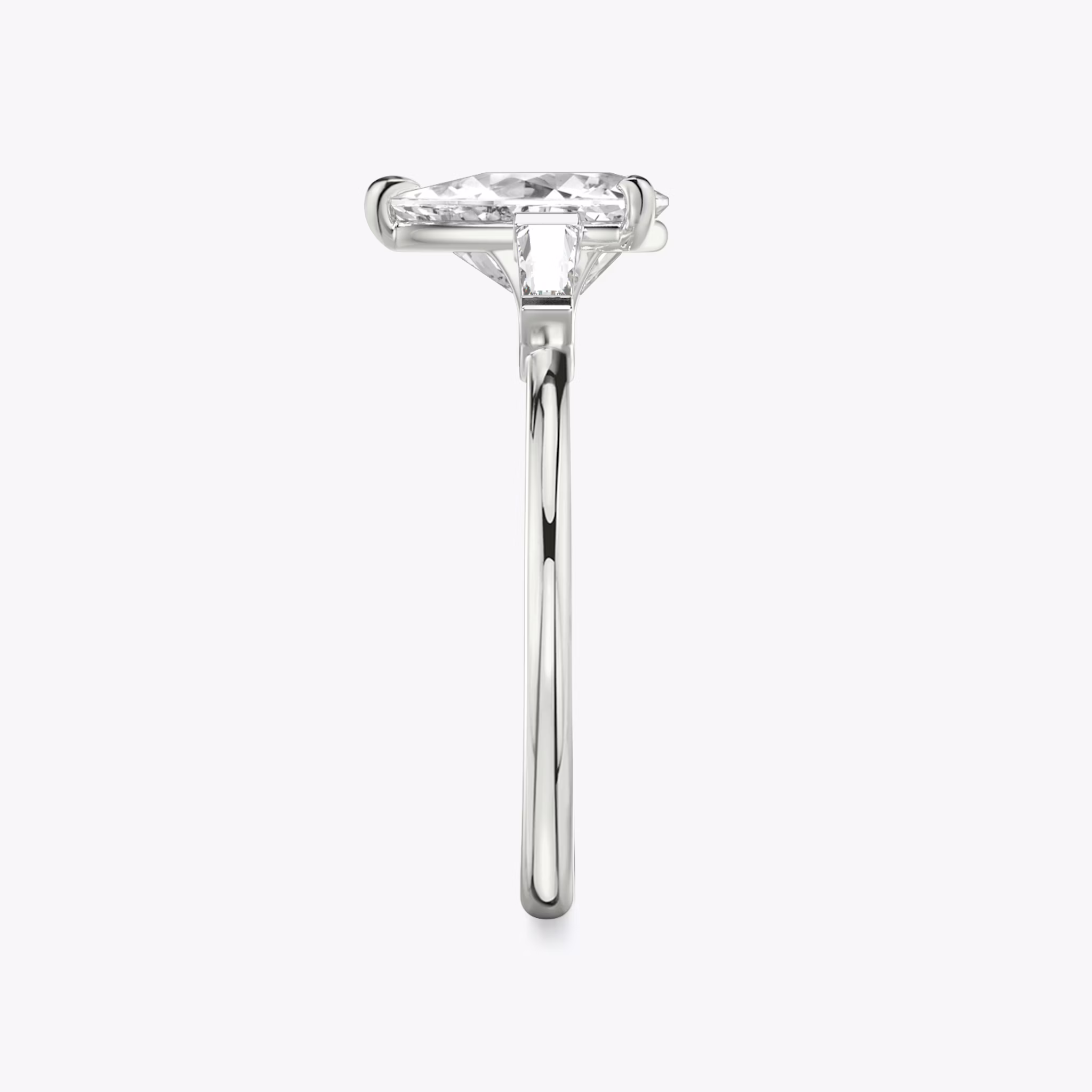 The Three Stone | Trillion | 18k | White Gold | bandAccent: Plain | sideStoneCarat: 0.10ct | sideStoneShape: Tapered Baguette | diamondOrientation: vertical | caratWeight: other