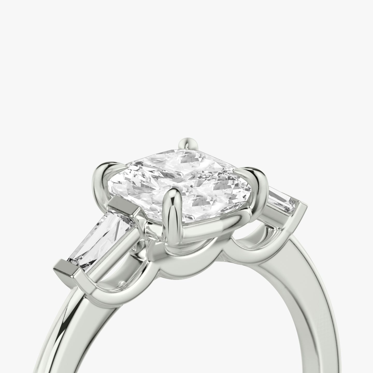 The Three Stone | Cushion | Platinum | bandAccent: Plain | sideStoneCarat: 0.10ct | sideStoneShape: Tapered Baguette | diamondOrientation: vertical | caratWeight: other