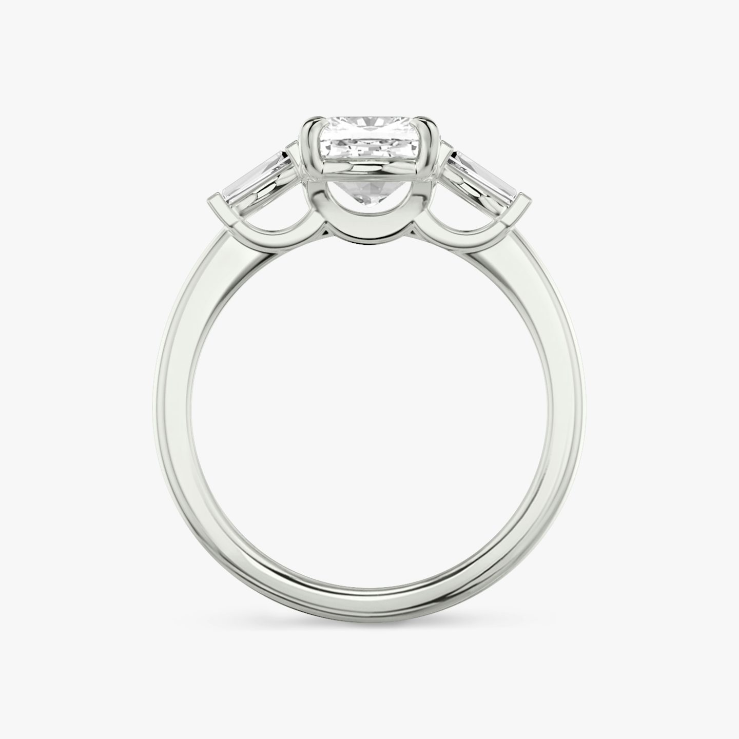 The Three Stone | Cushion | Platinum | bandAccent: Plain | sideStoneCarat: 0.10ct | sideStoneShape: Tapered Baguette | diamondOrientation: vertical | caratWeight: other