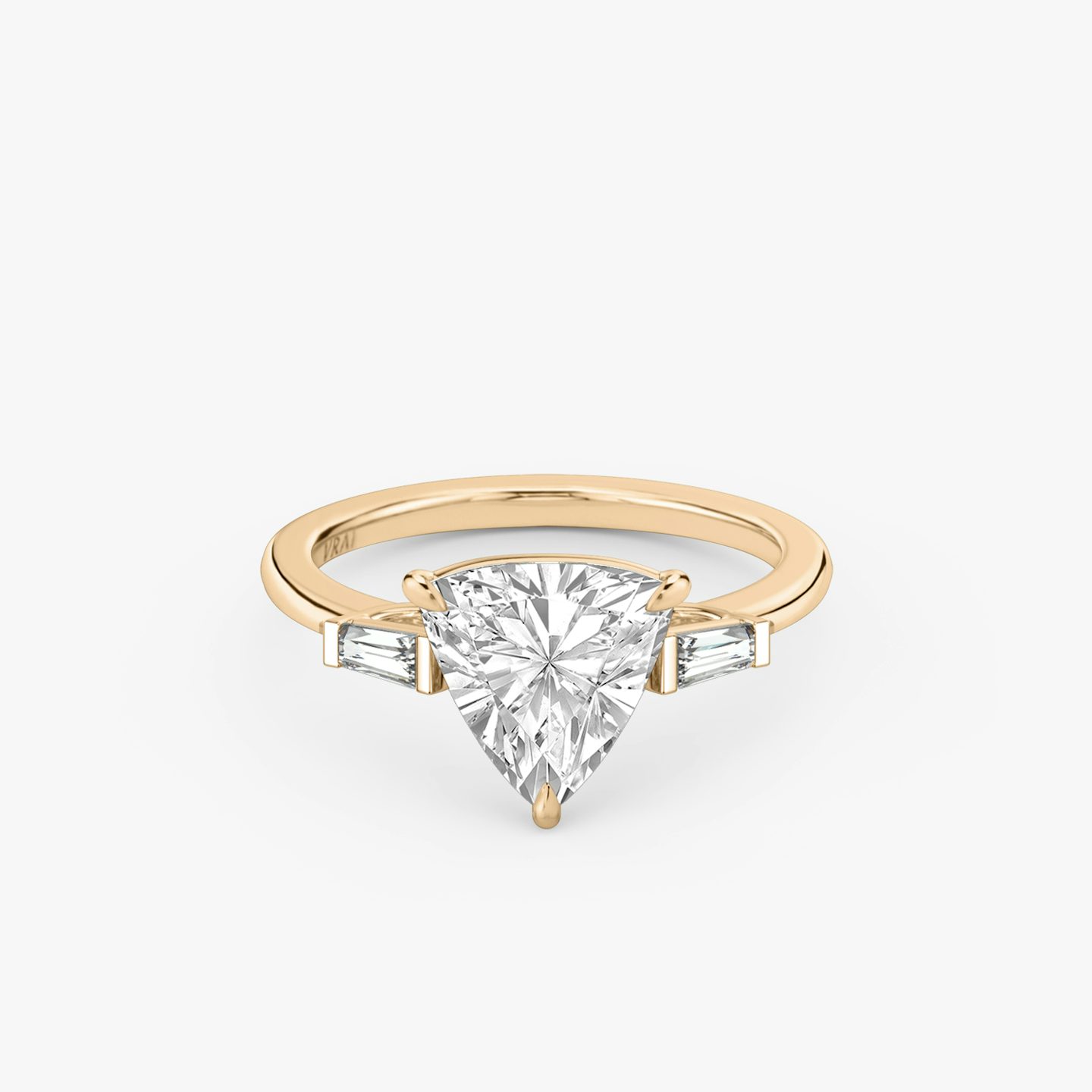 The Three Stone | Trillion | 14k | Rose Gold | bandAccent: Plain | sideStoneCarat: 0.10ct | sideStoneShape: Tapered Baguette | diamondOrientation: vertical | caratWeight: other