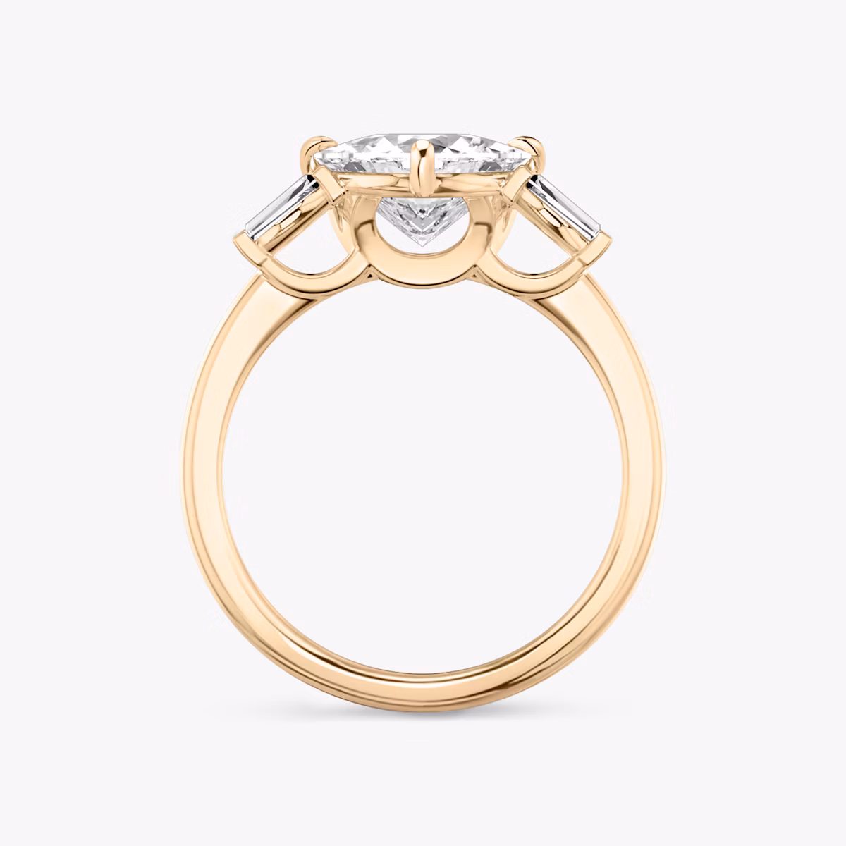 The Three Stone | Trillion | 14k | Rose Gold | bandAccent: Plain | sideStoneCarat: 0.10ct | sideStoneShape: Tapered Baguette | diamondOrientation: vertical | caratWeight: other