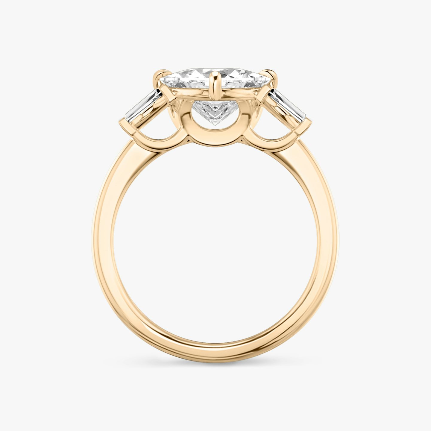 The Three Stone | Trillion | 14k | Rose Gold | bandAccent: Plain | sideStoneCarat: 0.10ct | sideStoneShape: Tapered Baguette | diamondOrientation: vertical | caratWeight: other