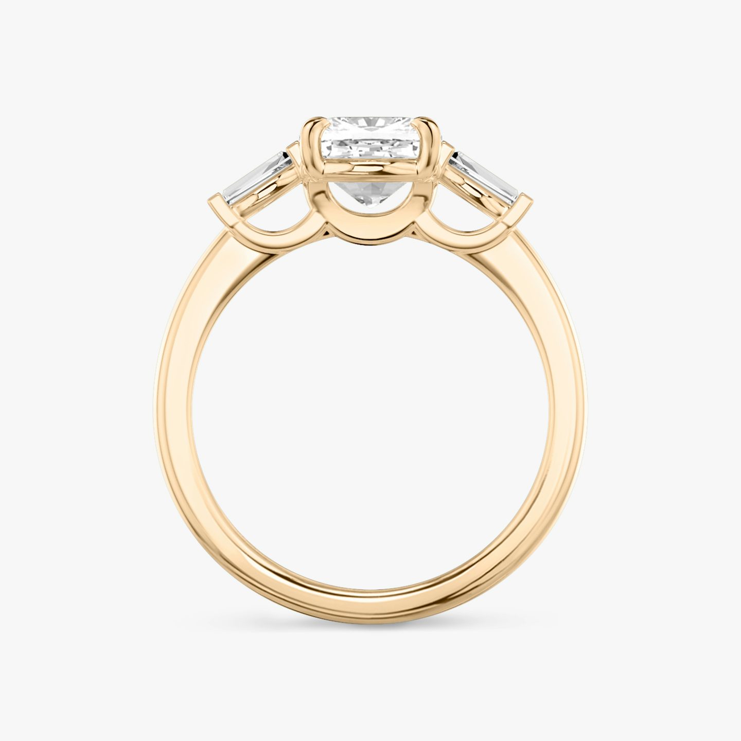 The Three Stone | Cushion | 14k | Rose Gold | bandAccent: Plain | sideStoneCarat: 0.10ct | sideStoneShape: Tapered Baguette | diamondOrientation: vertical | caratWeight: other