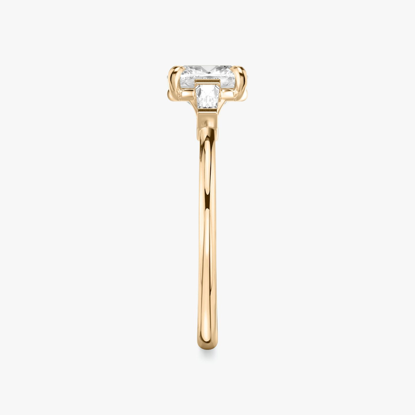 The Three Stone | Cushion | 14k | Rose Gold | bandAccent: Plain | sideStoneCarat: 0.10ct | sideStoneShape: Tapered Baguette | diamondOrientation: vertical | caratWeight: other
