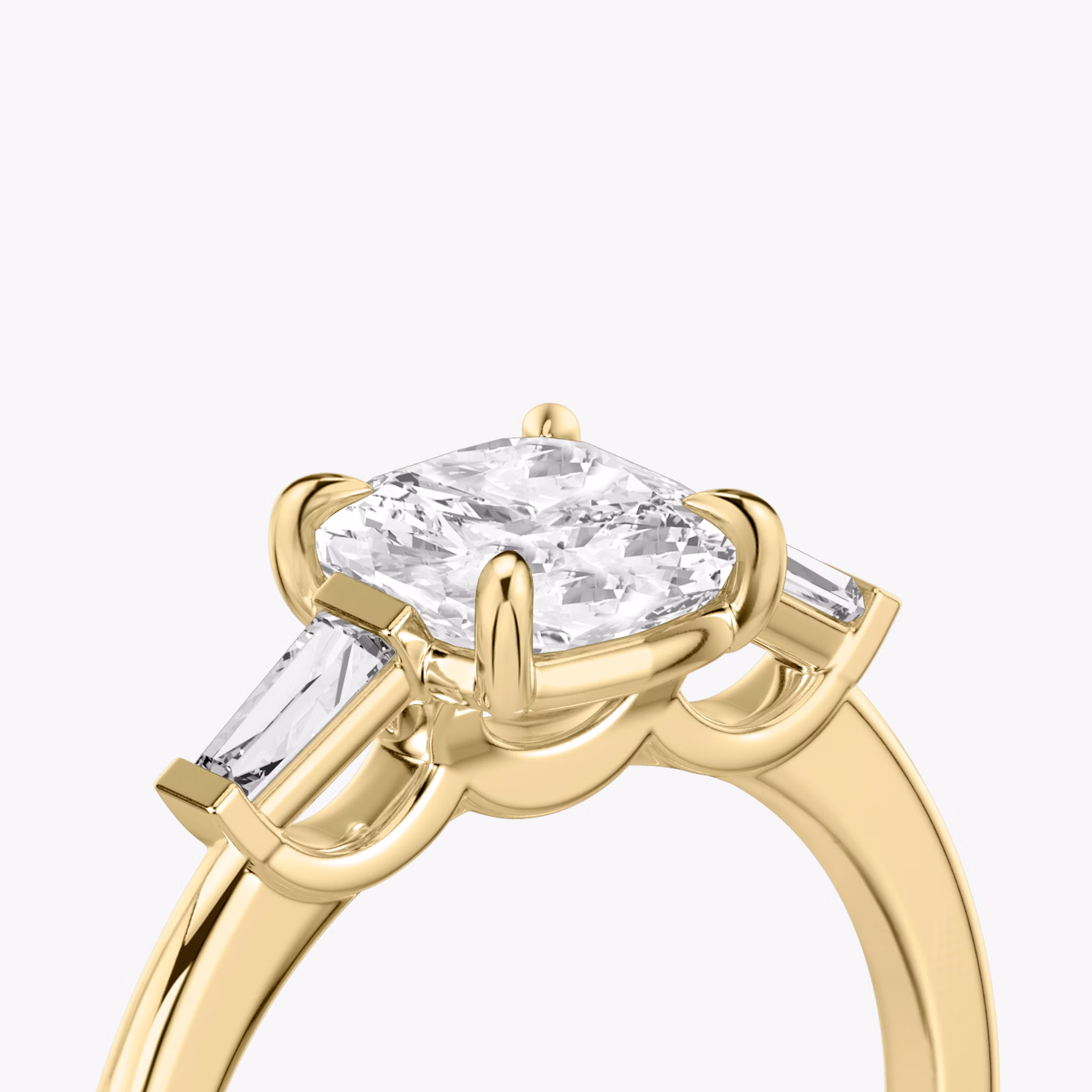 The Three Stone | Cushion | 18k | Yellow Gold | bandAccent: Plain | sideStoneCarat: 0.10ct | sideStoneShape: Tapered Baguette | diamondOrientation: vertical | caratWeight: other