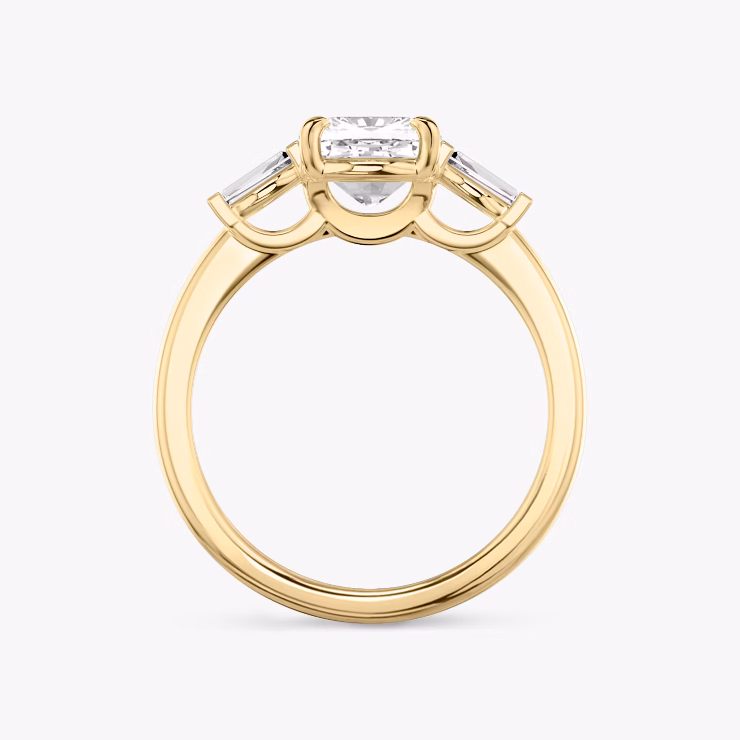 The Three Stone | Cushion | 18k | Yellow Gold | bandAccent: Plain | sideStoneCarat: 0.10ct | sideStoneShape: Tapered Baguette | diamondOrientation: vertical | caratWeight: other