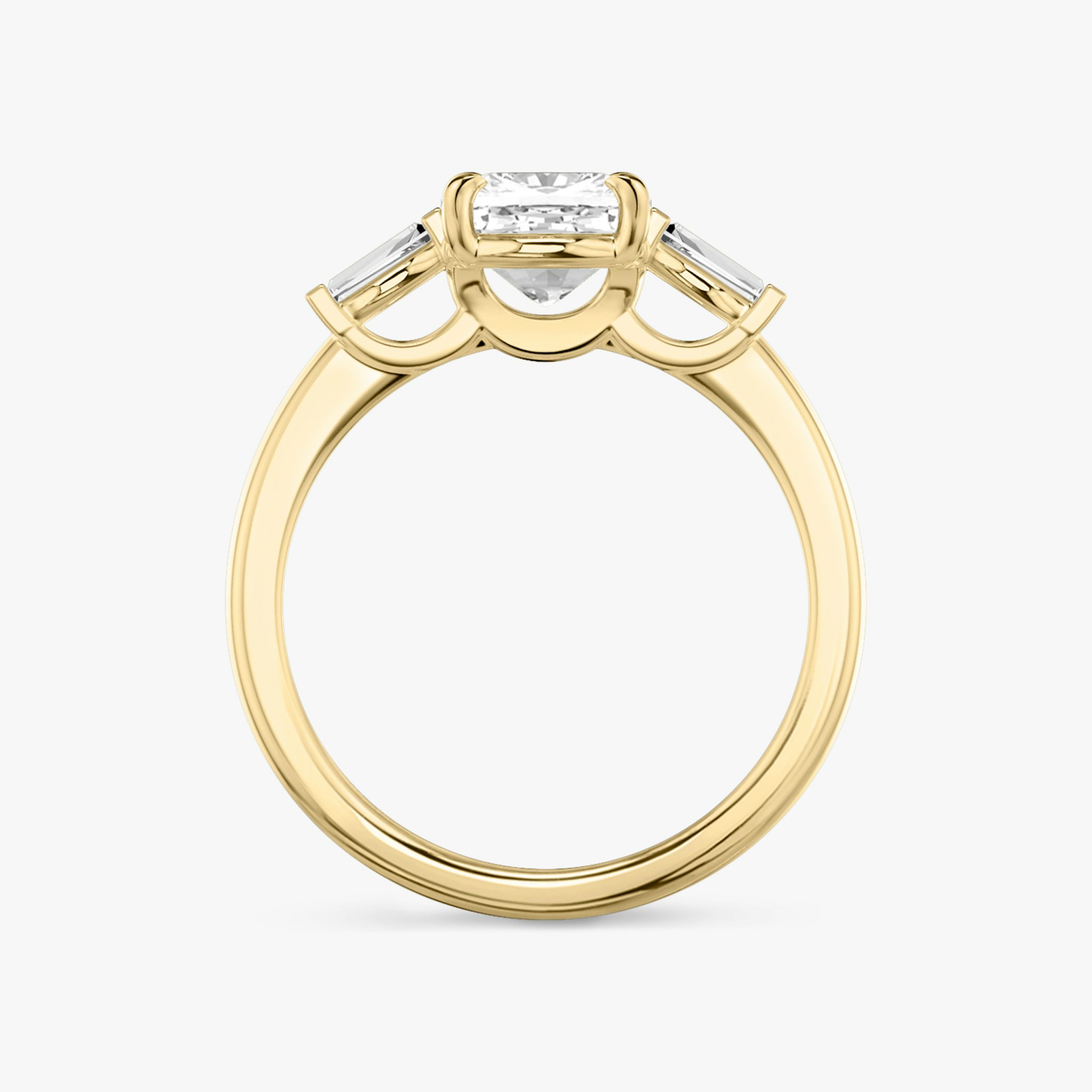 The Three Stone | Cushion | 18k | Yellow Gold | bandAccent: Plain | sideStoneCarat: 0.10ct | sideStoneShape: Tapered Baguette | diamondOrientation: vertical | caratWeight: other