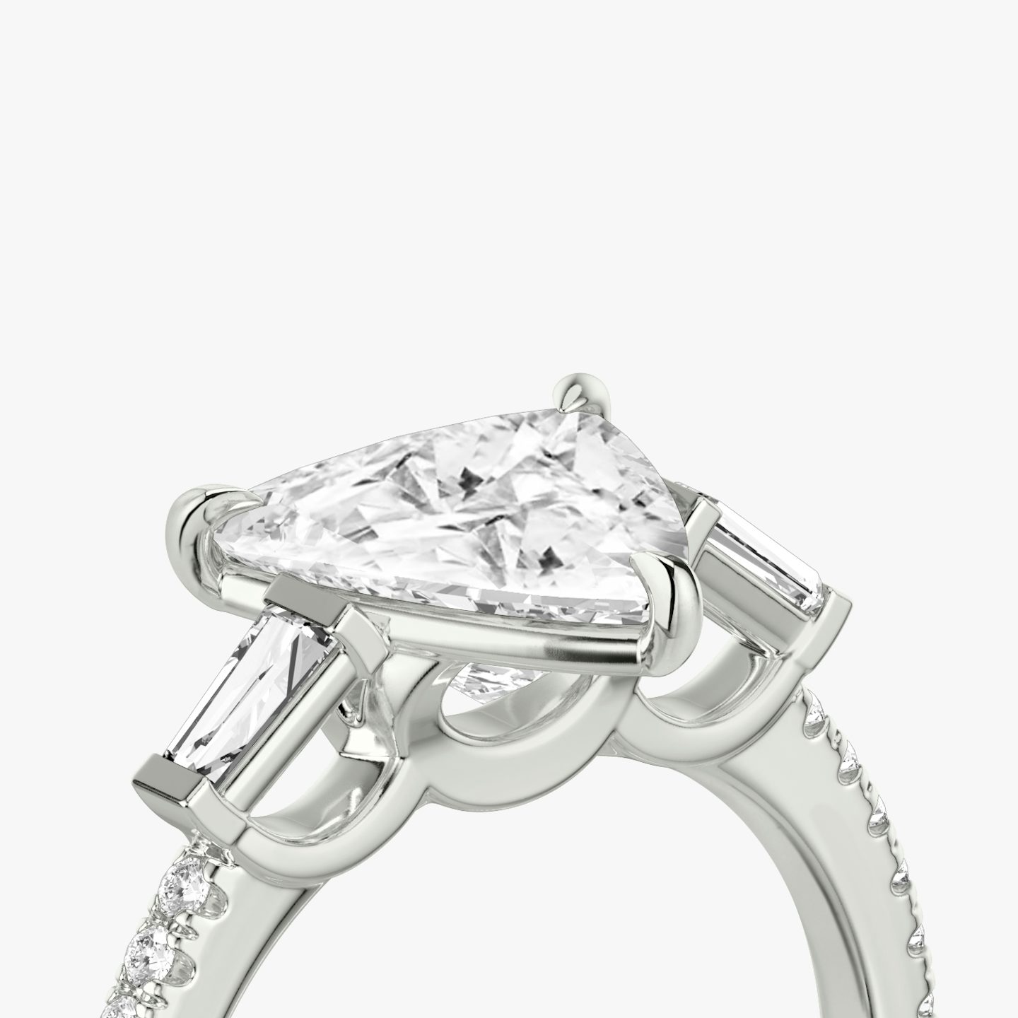 The Three Stone | Trillion | Platinum | bandAccent: Pavé | sideStoneCarat: 0.10ct | sideStoneShape: Tapered Baguette | diamondOrientation: vertical | caratWeight: other