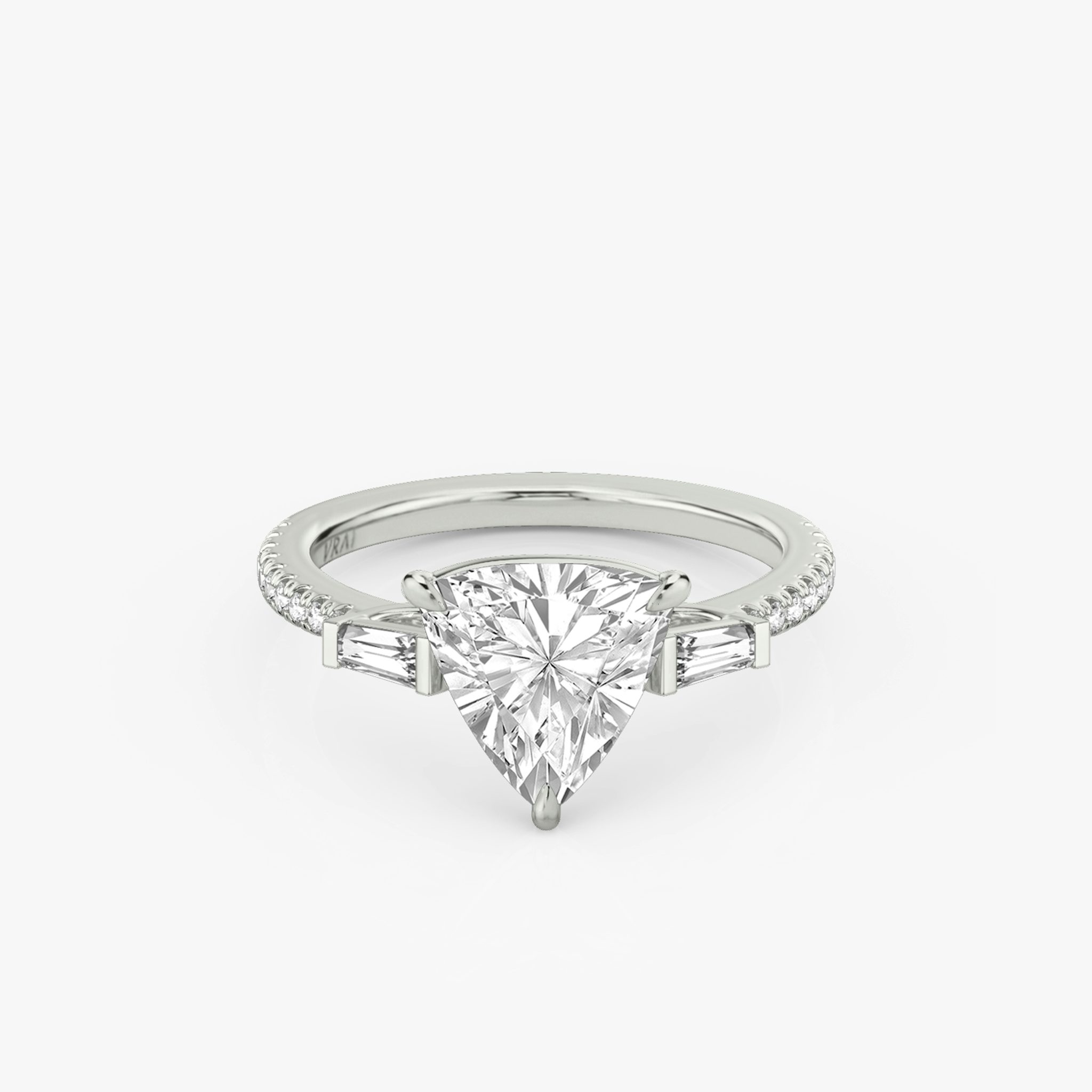 The Three Stone | Trillion | 18k | White Gold | bandAccent: Pavé | sideStoneCarat: 0.10ct | sideStoneShape: Tapered Baguette | diamondOrientation: vertical | caratWeight: other