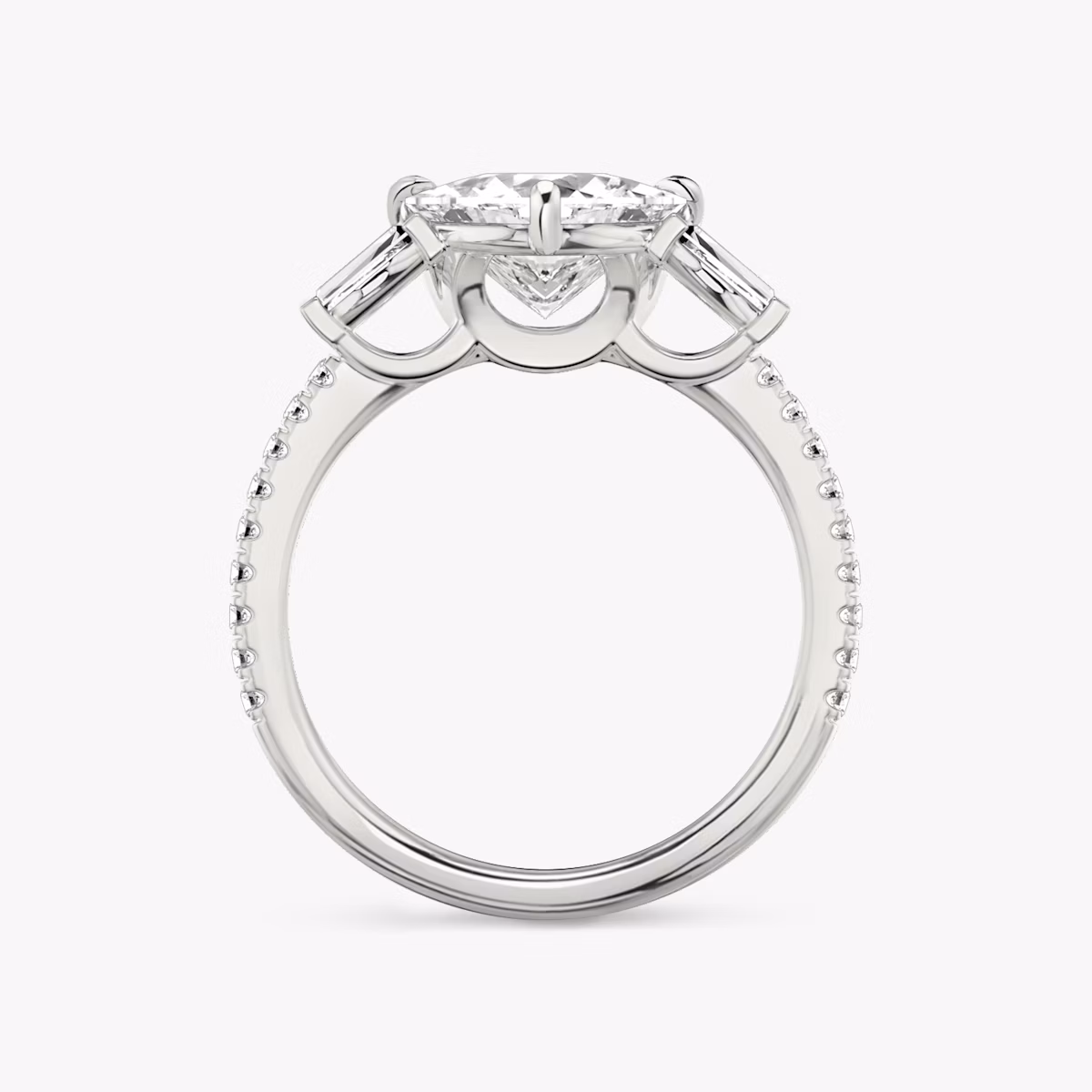 The Three Stone | Trillion | Platinum | bandAccent: Pavé | sideStoneCarat: 0.10ct | sideStoneShape: Tapered Baguette | diamondOrientation: vertical | caratWeight: other
