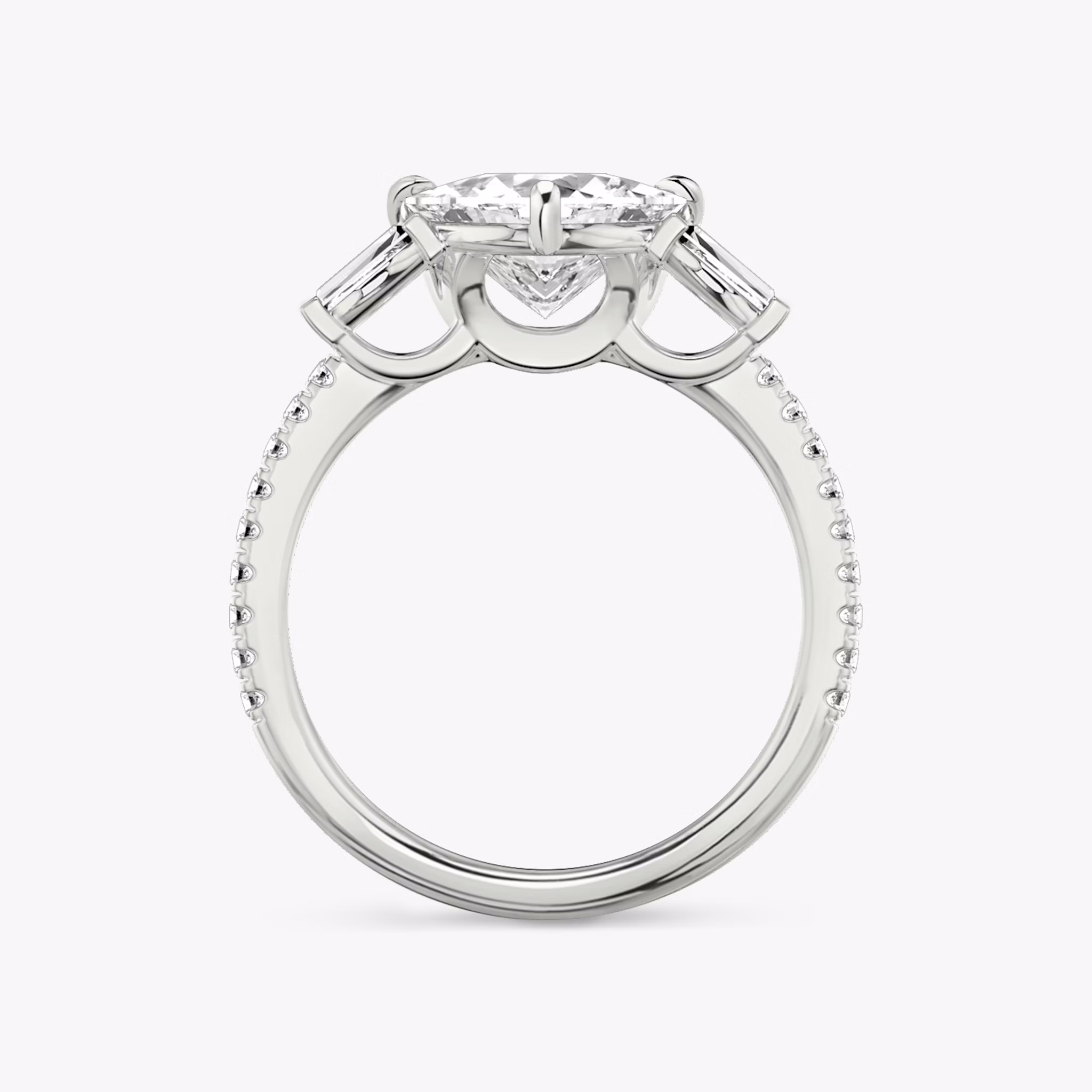 The Three Stone | Trillion | 18k | White Gold | bandAccent: Pavé | sideStoneCarat: 0.10ct | sideStoneShape: Tapered Baguette | diamondOrientation: vertical | caratWeight: other