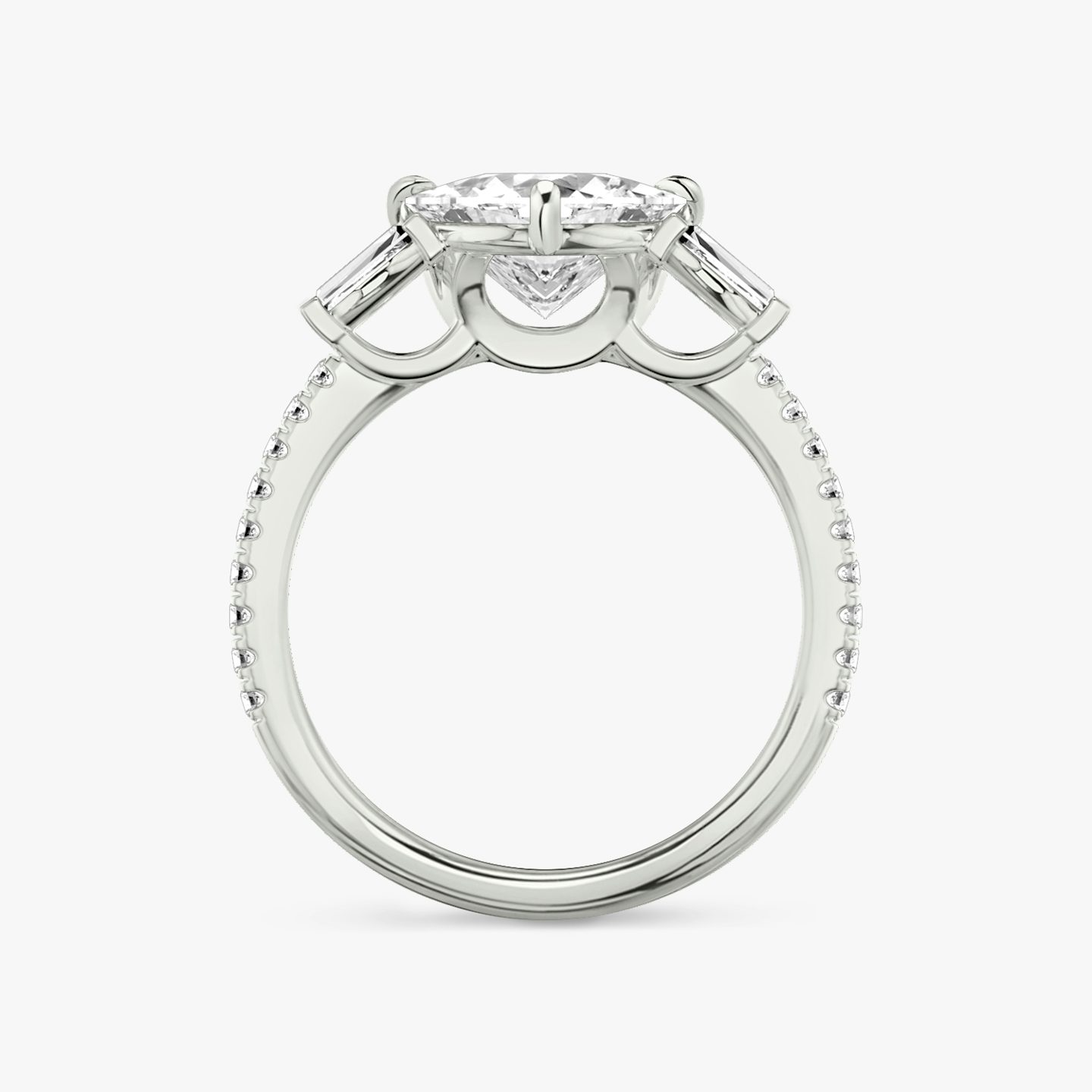 The Three Stone | Trillion | Platinum | bandAccent: Pavé | sideStoneCarat: 0.10ct | sideStoneShape: Tapered Baguette | diamondOrientation: vertical | caratWeight: other