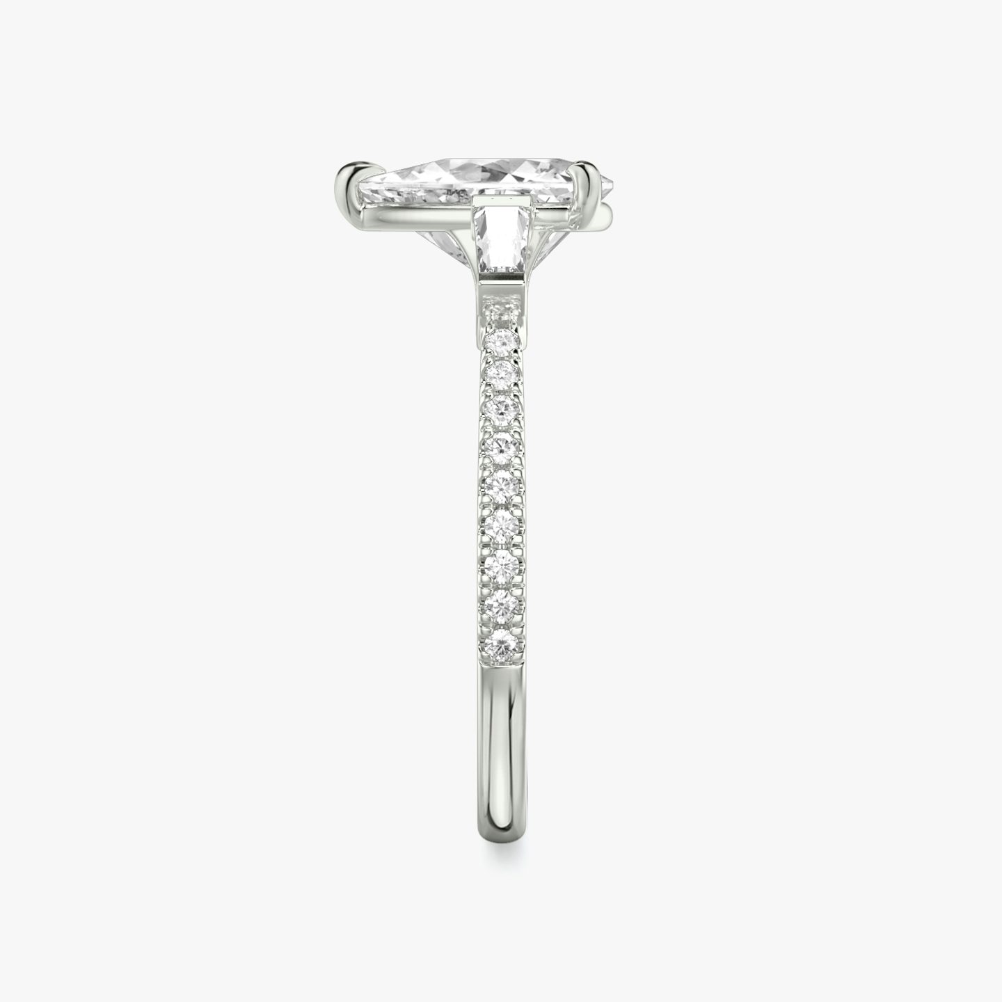 The Three Stone | Trillion | Platinum | bandAccent: Pavé | sideStoneCarat: 0.10ct | sideStoneShape: Tapered Baguette | diamondOrientation: vertical | caratWeight: other